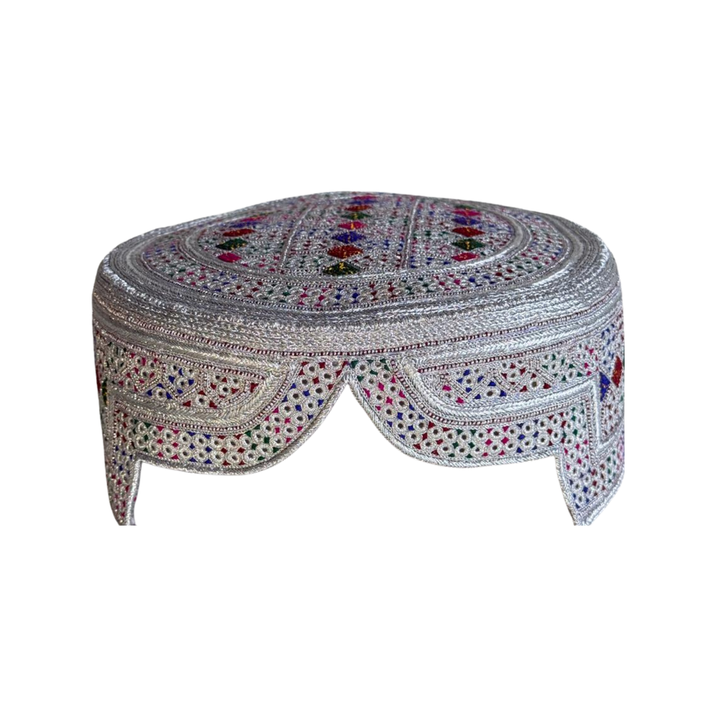 Limited And Premiun Balochi Topi - White Design - Multi Color Stitching - Multi Color Tikki - Raja Cap