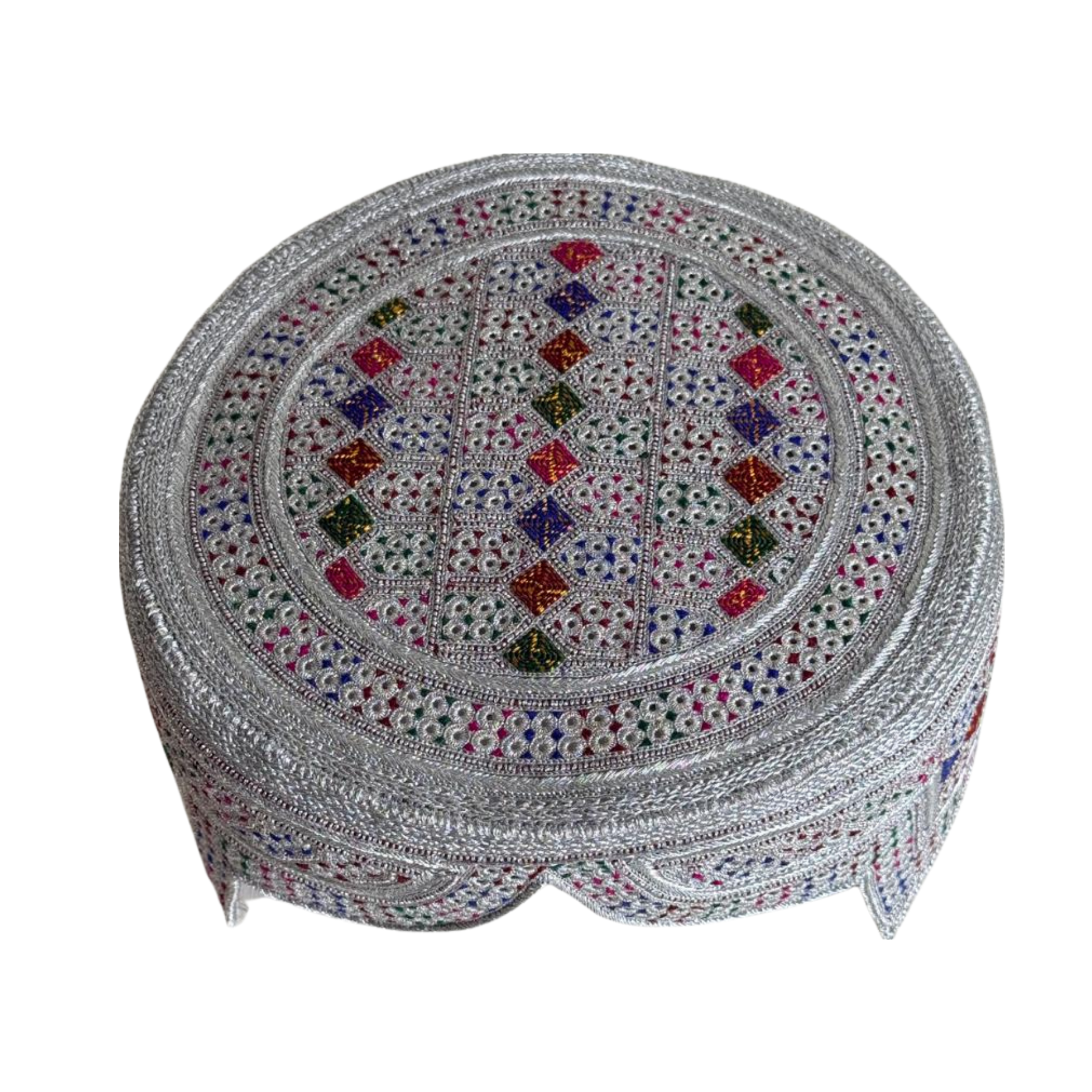 Limited And Premiun Balochi Topi - White Design - Multi Color Stitching - Multi Color Tikki - Raja Cap