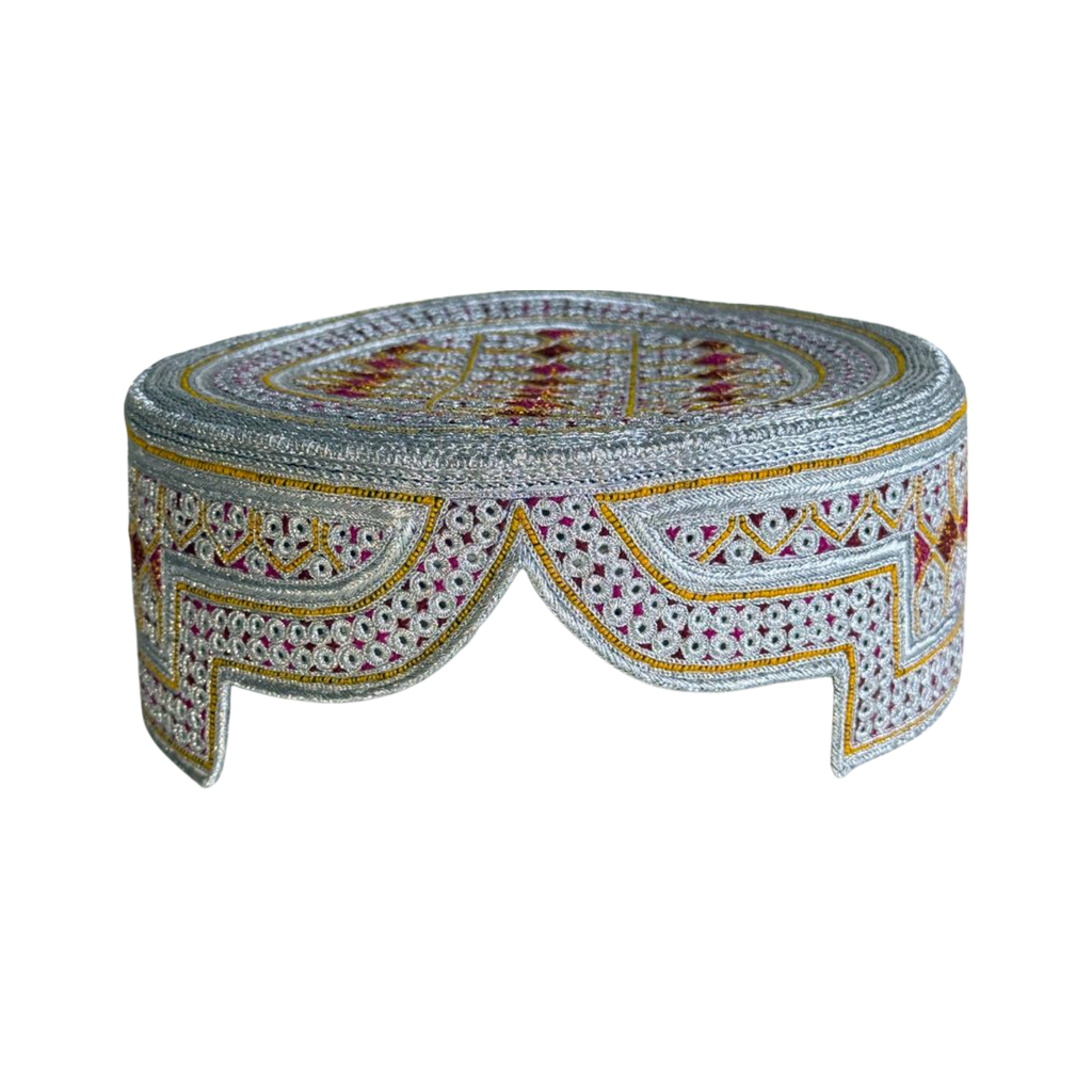 Limited And Premium Balochi Topi - White Design - Pink and Maroon Stitching - Pink and Maroon Tikki - Raja Cap