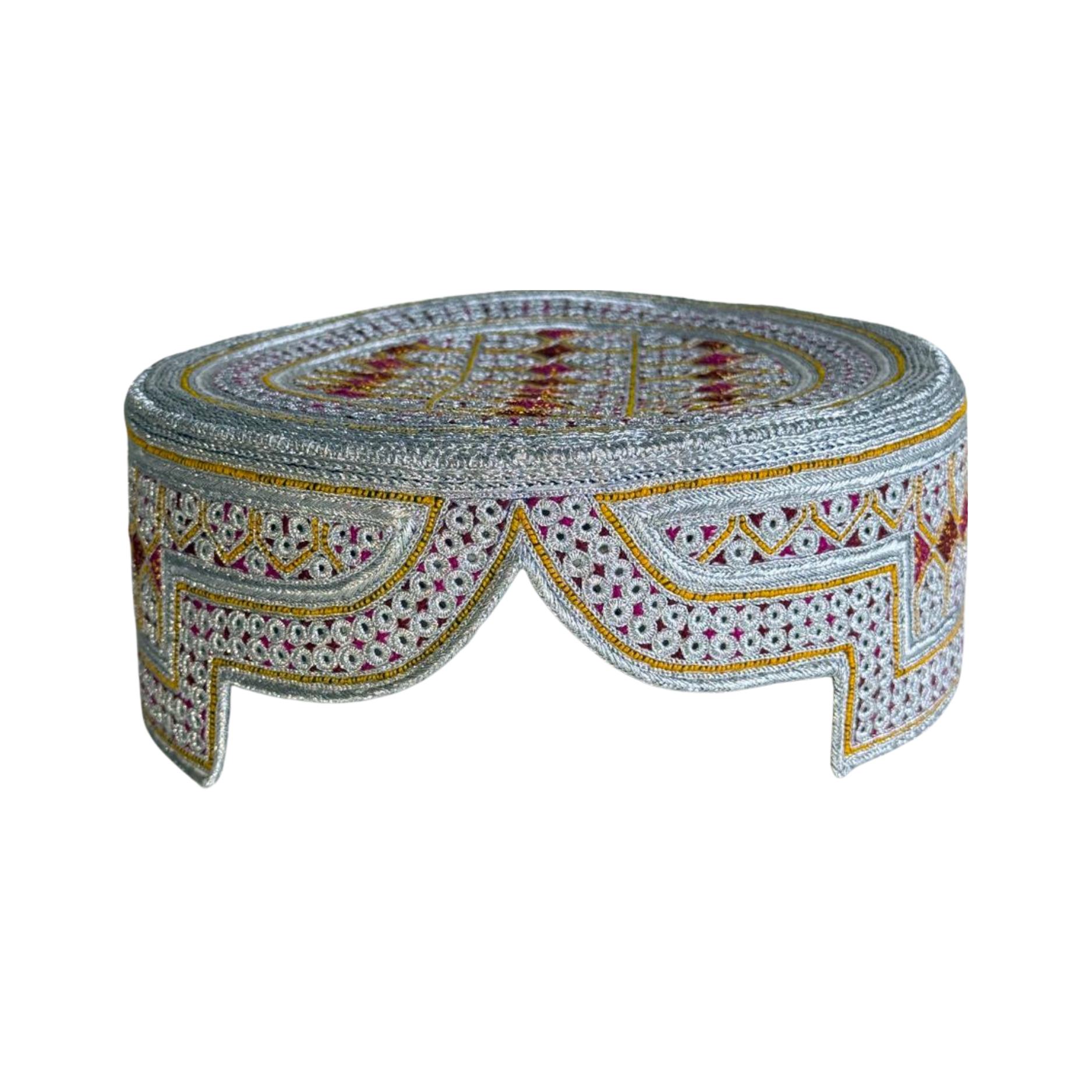 Limited And Premium Balochi Topi - White Design - Pink and Maroon Stitching - Pink and Maroon Tikki - Raja Cap