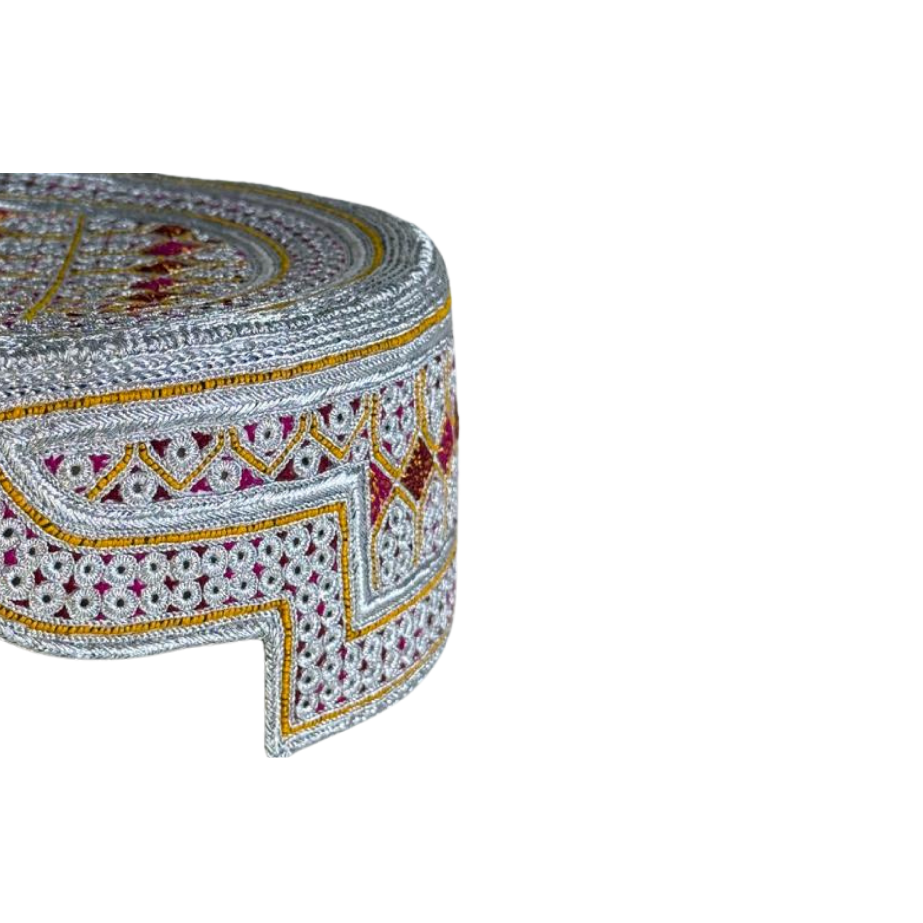 Limited And Premium Balochi Topi - White Design - Pink and Maroon Stitching - Pink and Maroon Tikki - Raja Cap