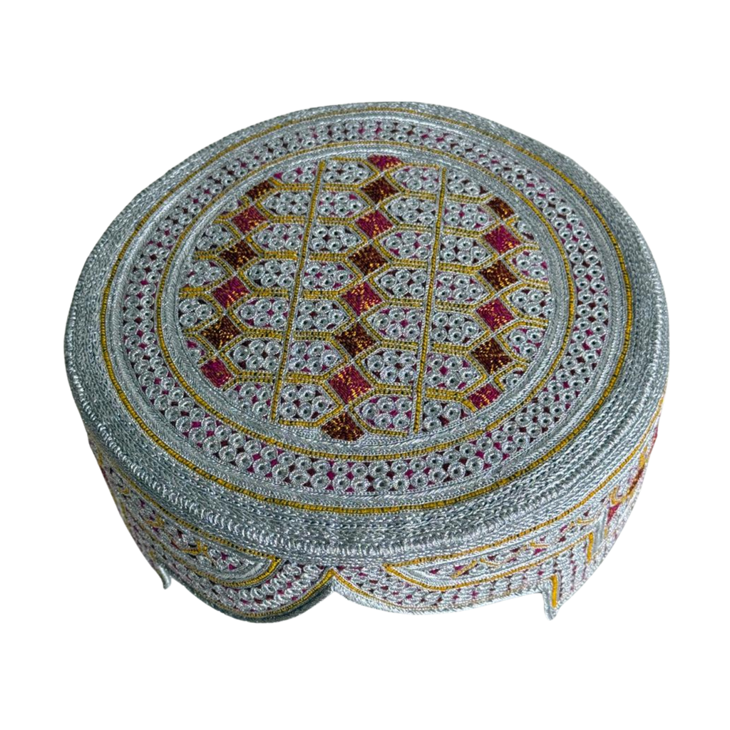 Limited And Premium Balochi Topi - White Design - Pink and Maroon Stitching - Pink and Maroon Tikki - Raja Cap