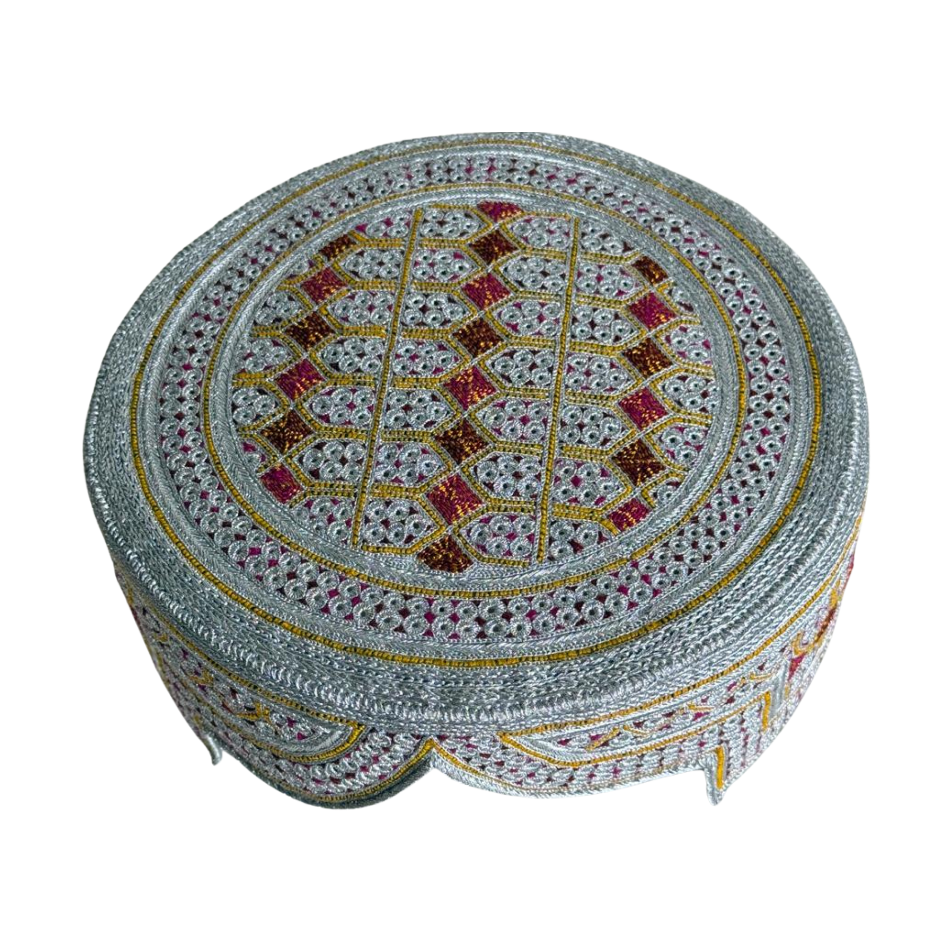 Limited And Premium Balochi Topi - White Design - Pink and Maroon Stitching - Pink and Maroon Tikki - Raja Cap