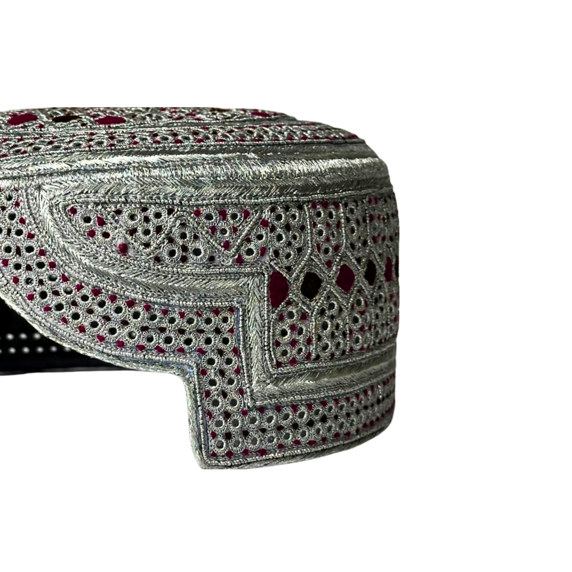 White Sindhi Topi - Silver And Pink Stitching - Purple And Pink Tikki - Raja Cap