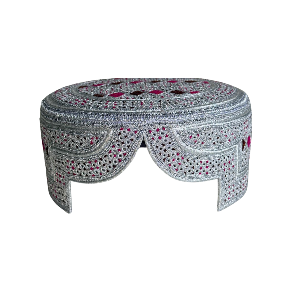 White Sindhi Topi - Pink Stitching - Pink and Brown Tikki - Raja Cap