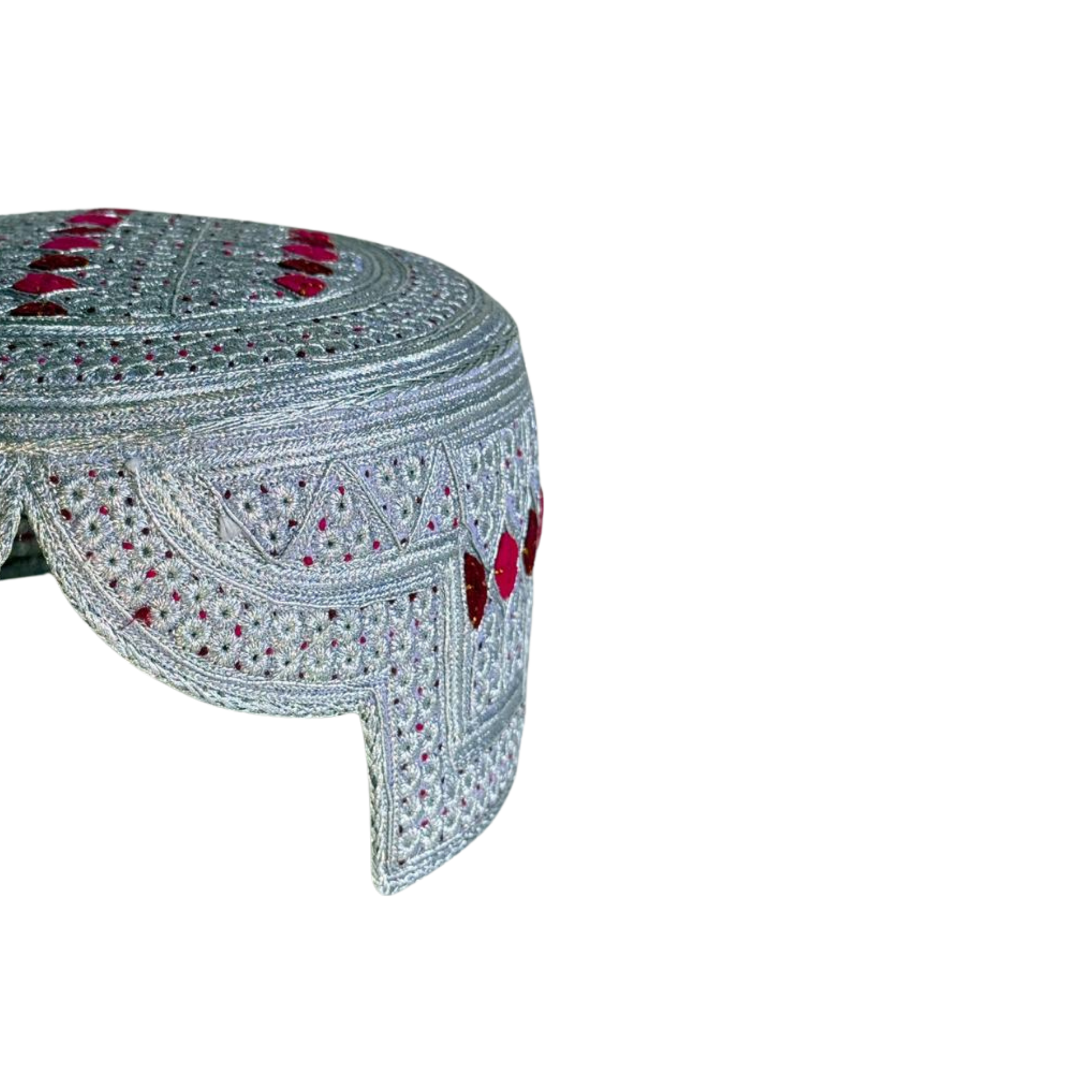 White Sindhi Topi - Pink Stitching - Maroon and Pink Tikki - Raja Cap