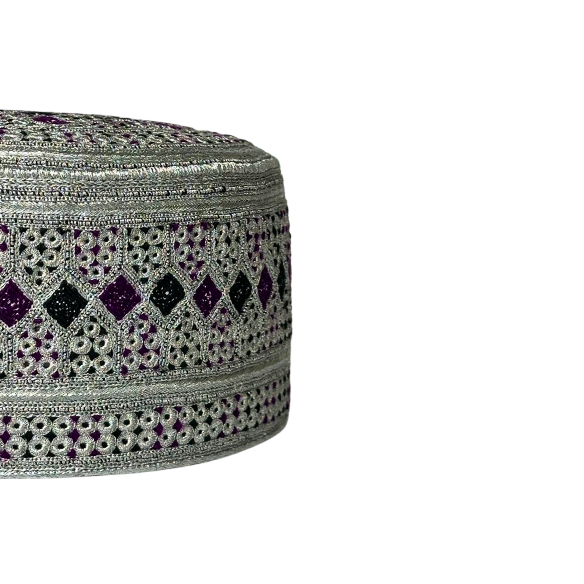 White Sindhi Topi - Pink Stitching - Purple And Green Tikki - Raja Cap