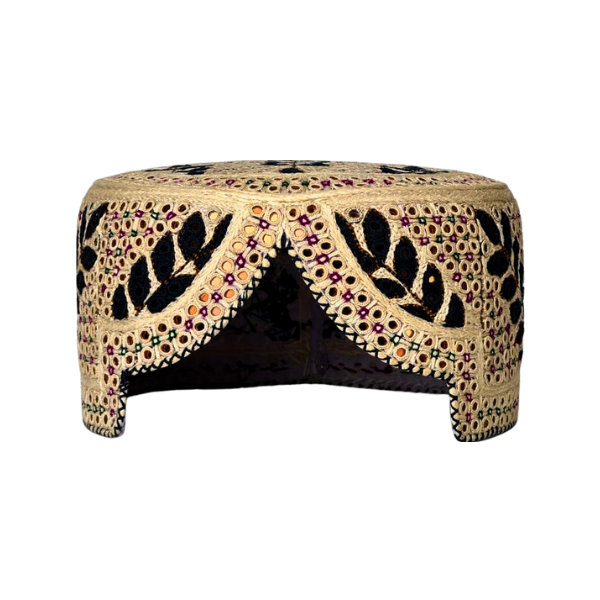 White Sindhi Topi - Flower Design - Golden Shade - Nasir Bhai