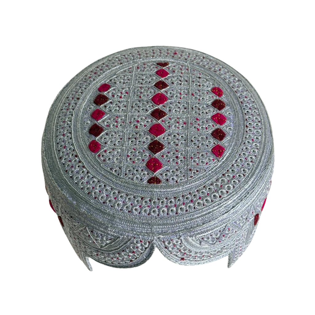 White Sindhi Topi - Pink Stitching - Maroon and Pink Tikki - Raja Cap