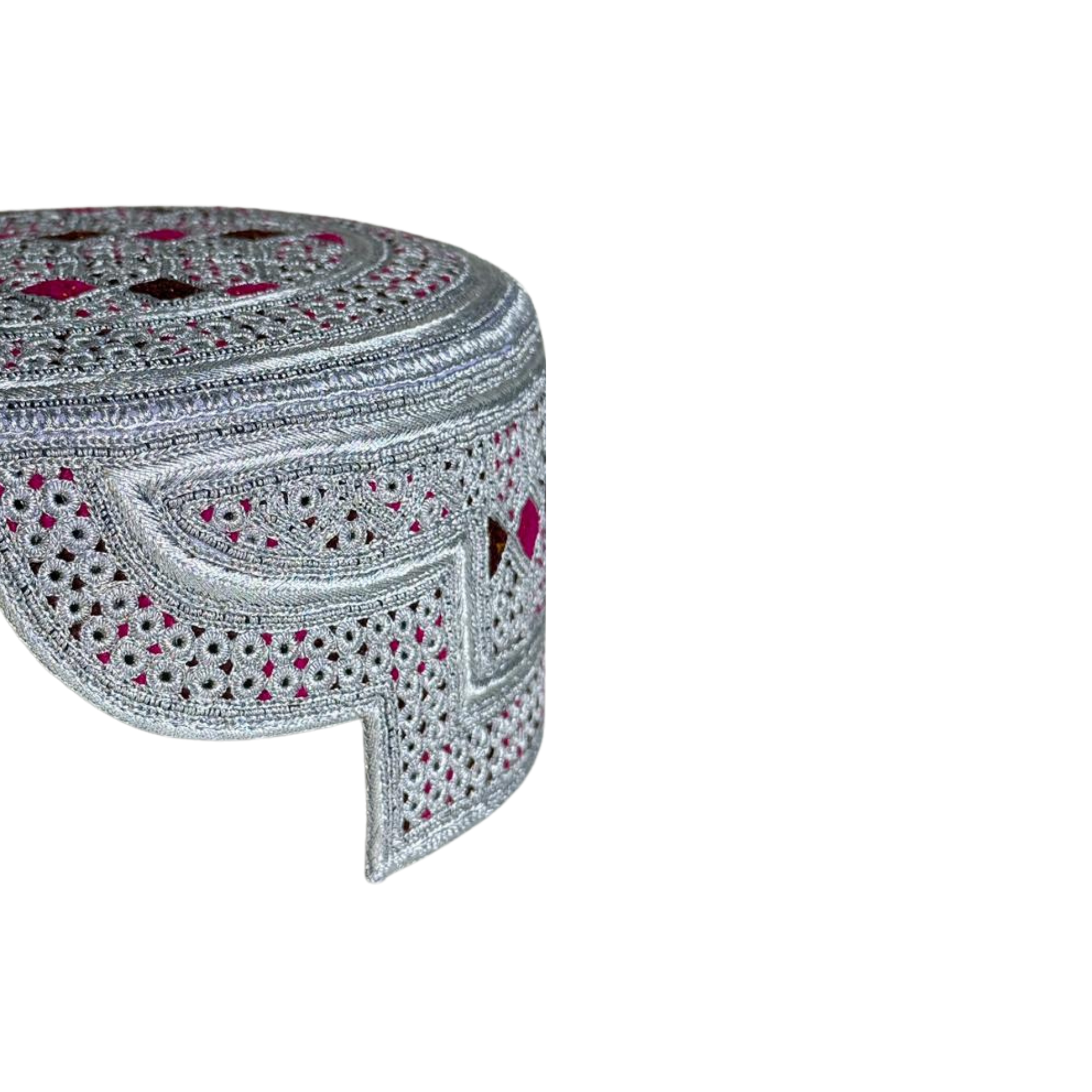 White Sindhi Topi - Pink Stitching - Pink and Brown Tikki - Raja Cap