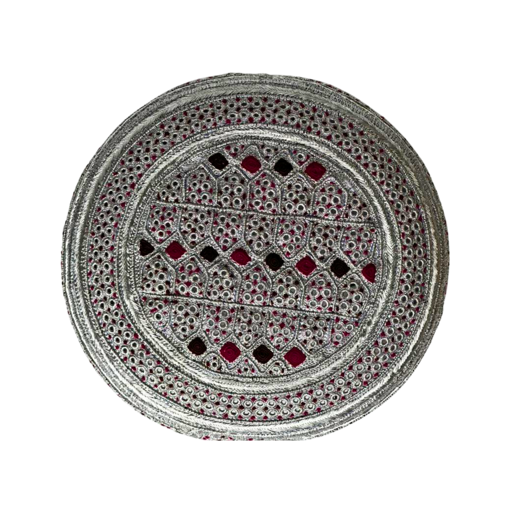 White Sindhi Topi - Silver And Pink Stitching - Purple And Pink Tikki - Raja Cap