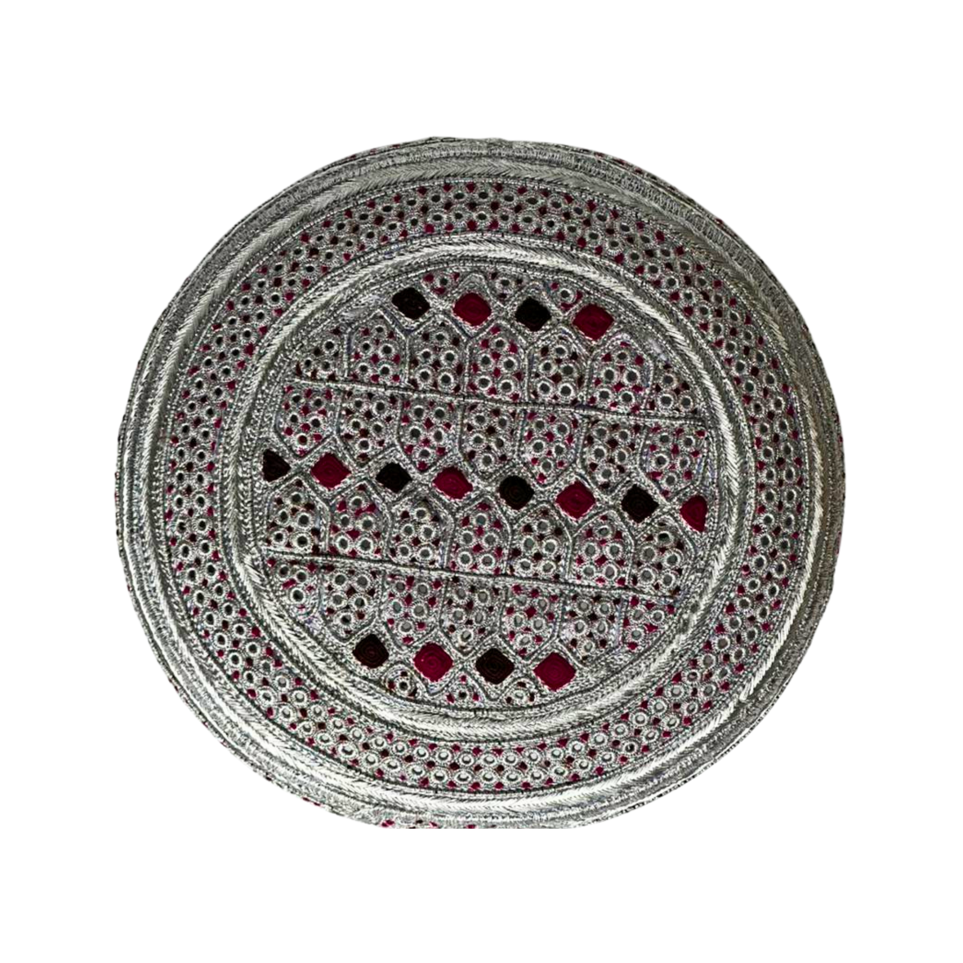 White Sindhi Topi - Silver And Pink Stitching - Purple And Pink Tikki - Raja Cap