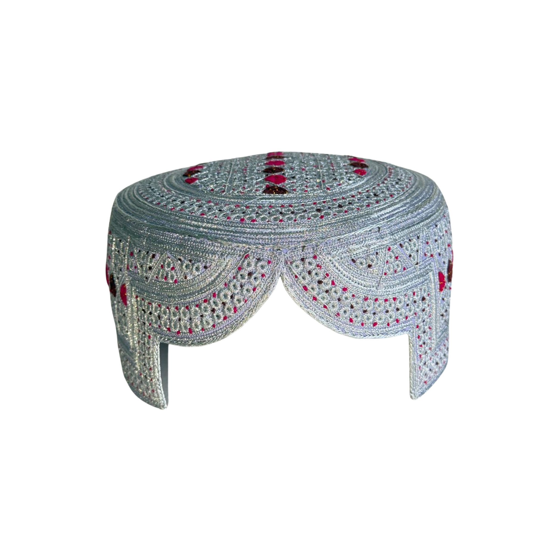 White Sindhi Topi - Pink Stitching - Maroon and Pink Tikki - Raja Cap