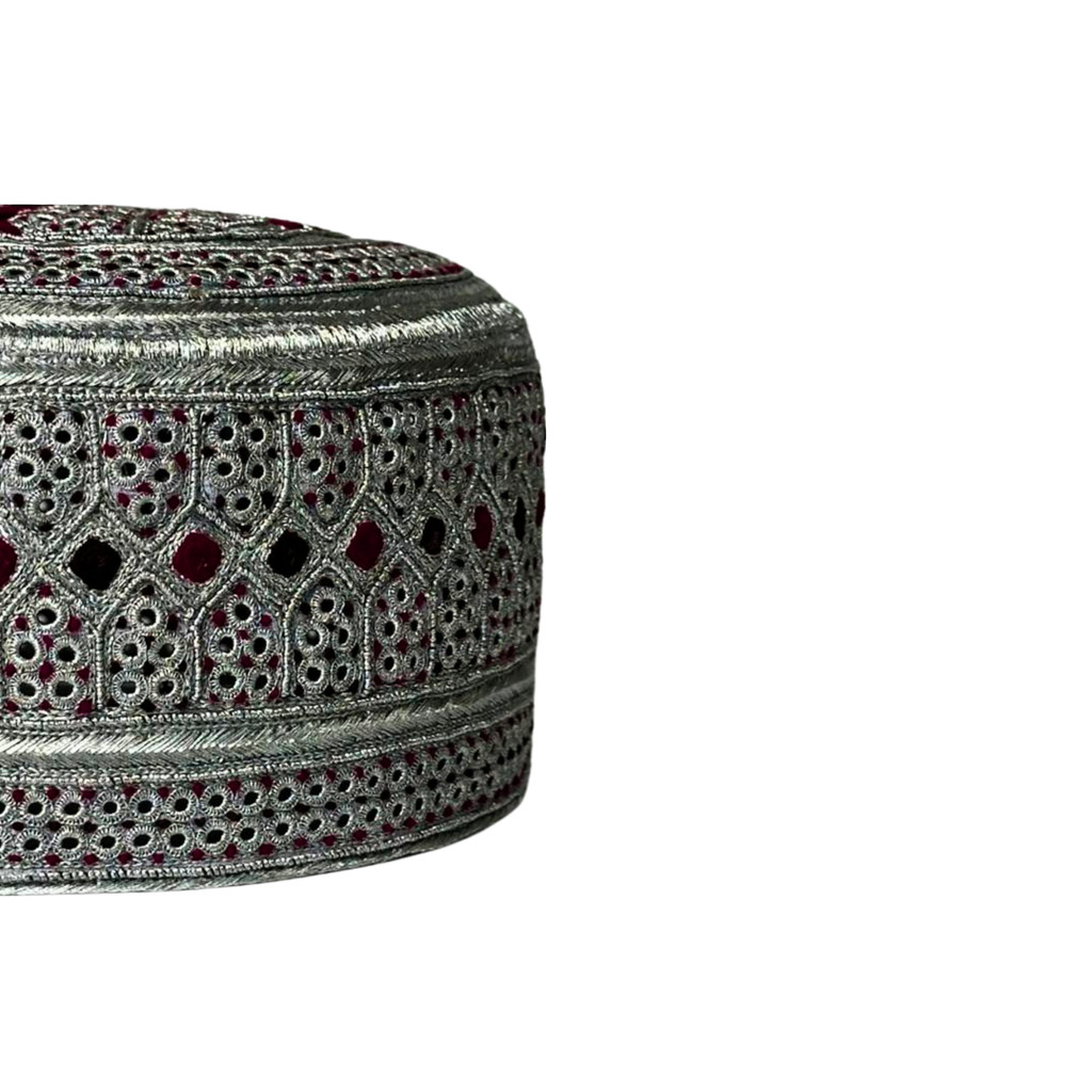 White Sindhi Topi - Silver And Pink Stitching - Purple And Pink Tikki - Raja Cap