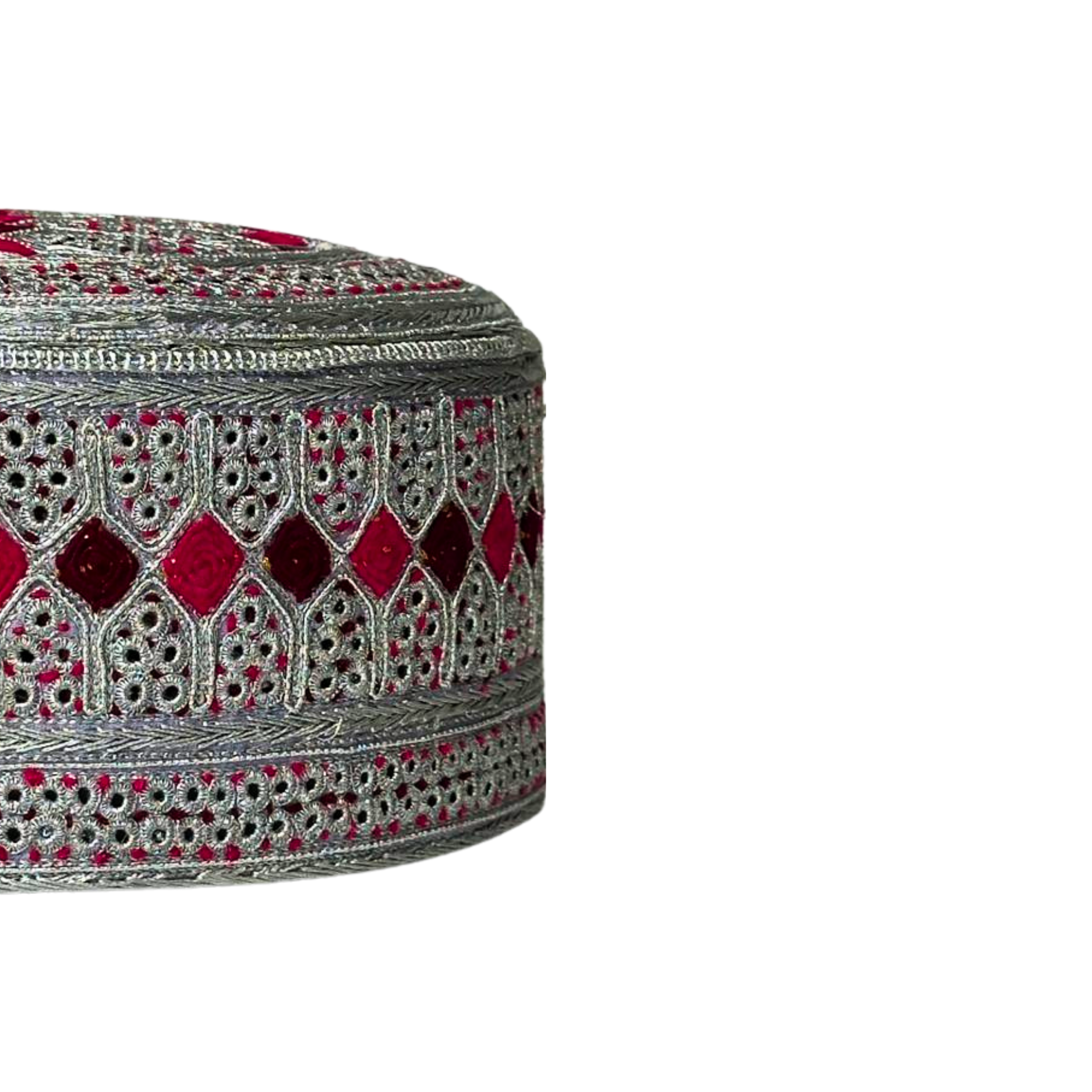 White Sindhi Topi - Pink Stitching - Red And Pink Tikki - Raja Cap