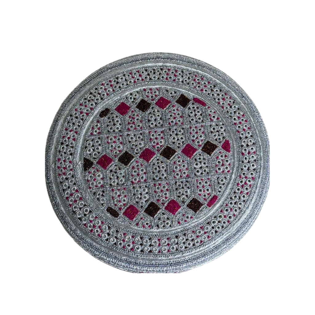 White Sindhi Topi - Pink Stitching - Pink and Brown Tikki - Raja Cap