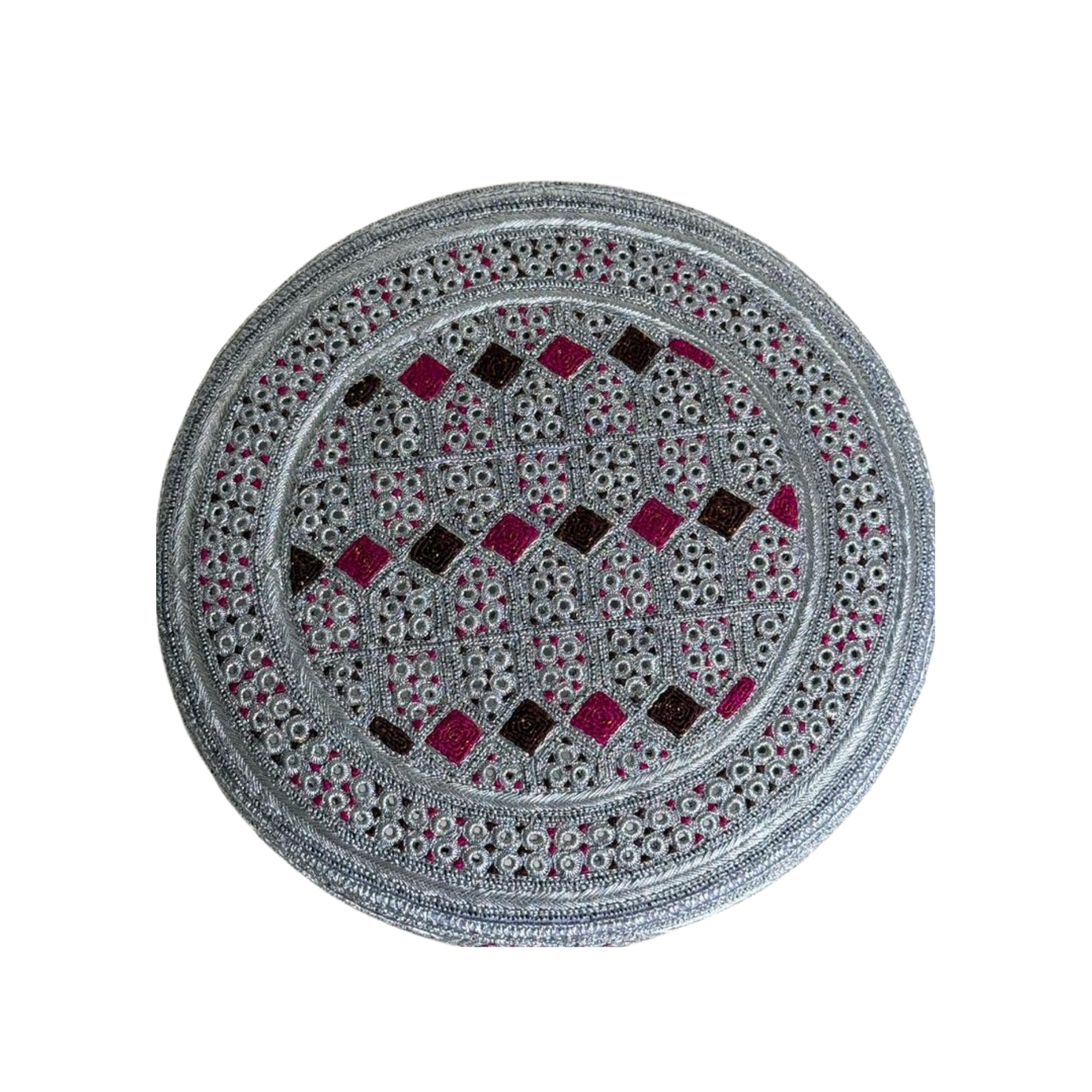White Sindhi Topi - Pink Stitching - Pink and Brown Tikki - Raja Cap