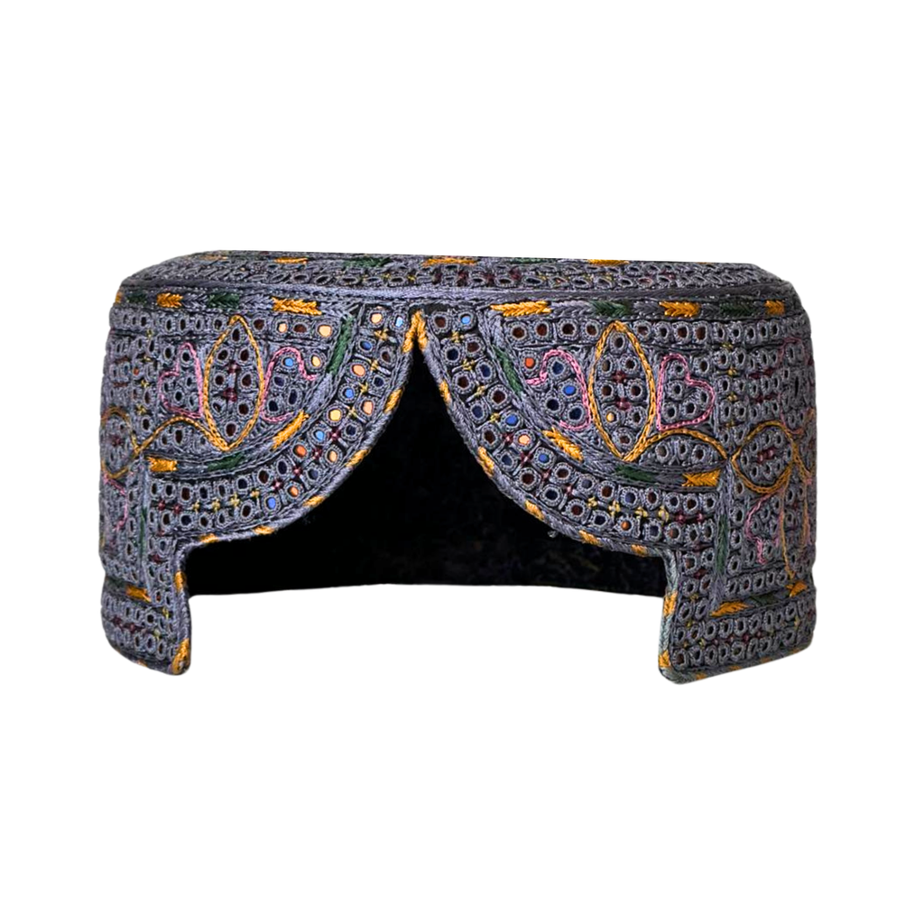Grey Sindhi Topi - Flower Design - White Shade - Nasir Bhai