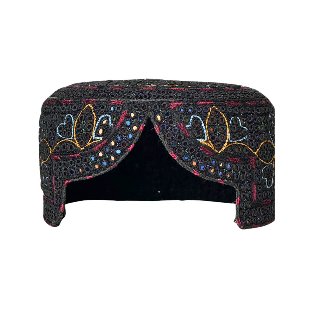 Black Sindhi Topi - Flower Design - Blue Shade - Nasir Bhai