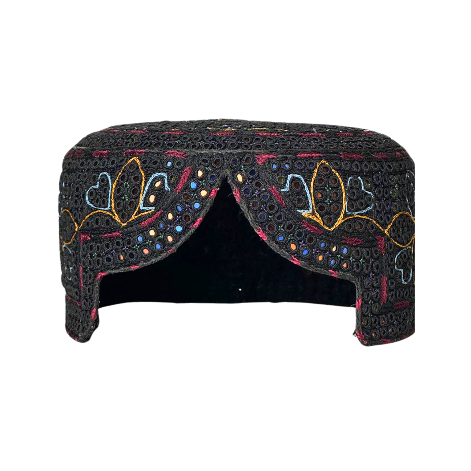 Black Sindhi Topi - Flower Design - Blue Shade - Nasir Bhai