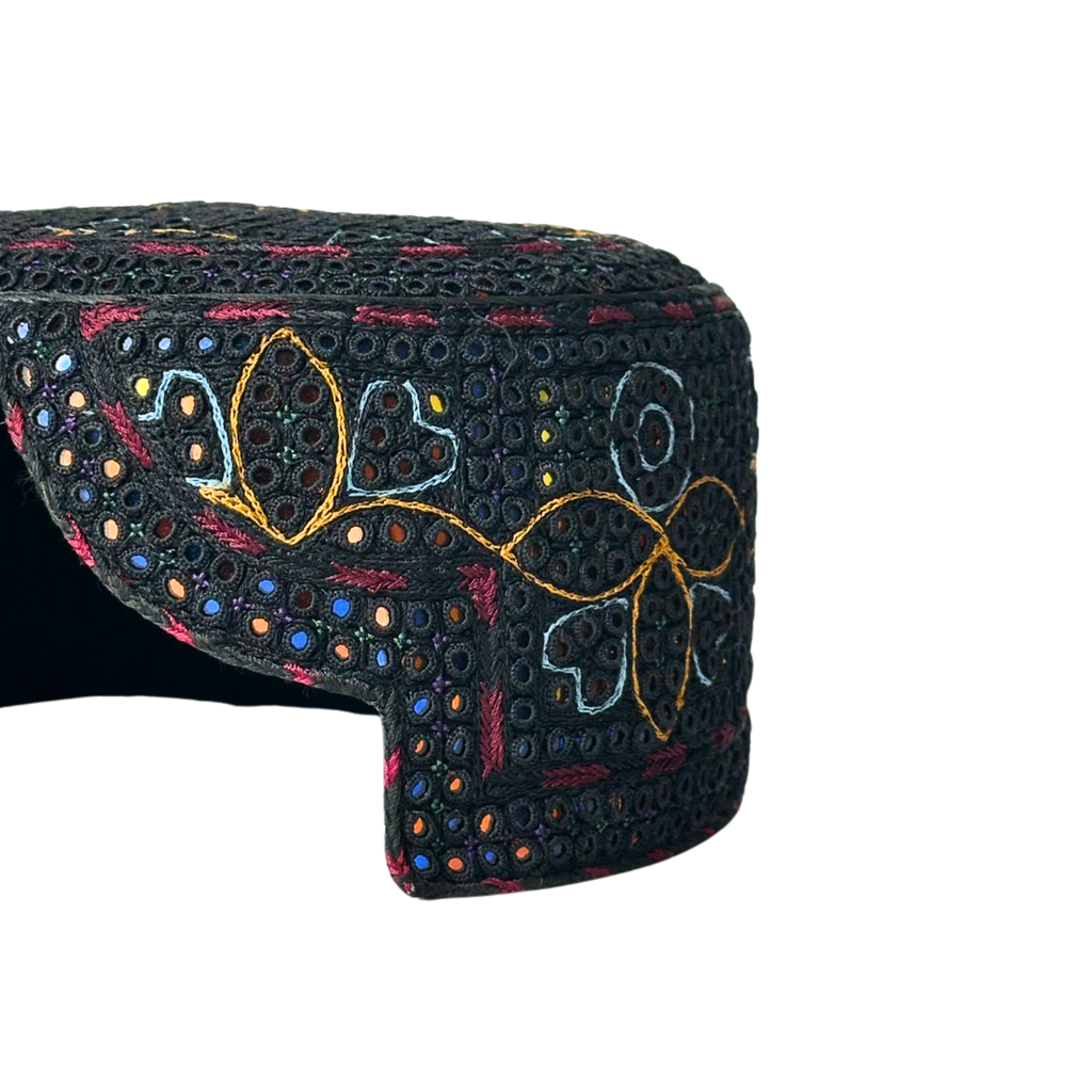 Black Sindhi Topi - Flower Design - Blue Shade - Nasir Bhai