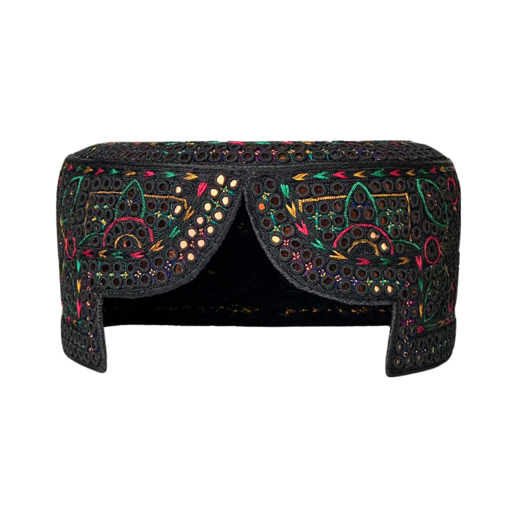 Black Sindhi Topi - Flower Design - White Shade -  Nasir Bhai