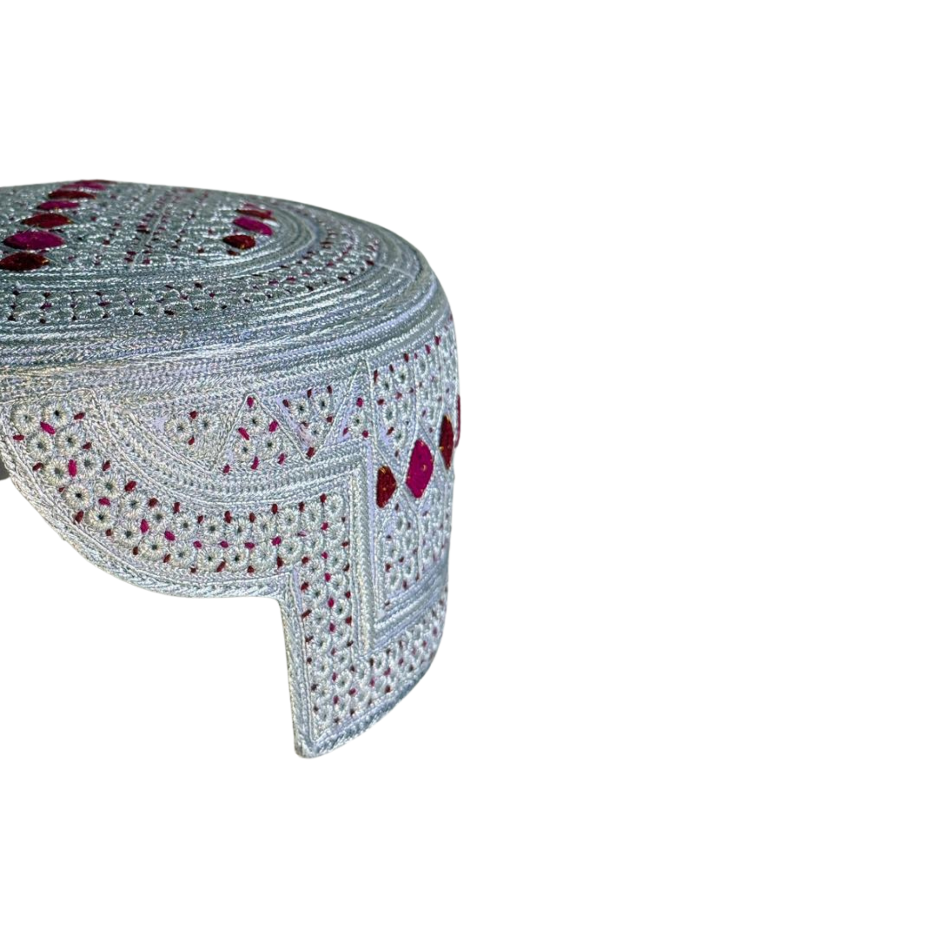 White Sindhi Topi - Pink Stitching - Maroon and Pink Tikki - Raja Cap