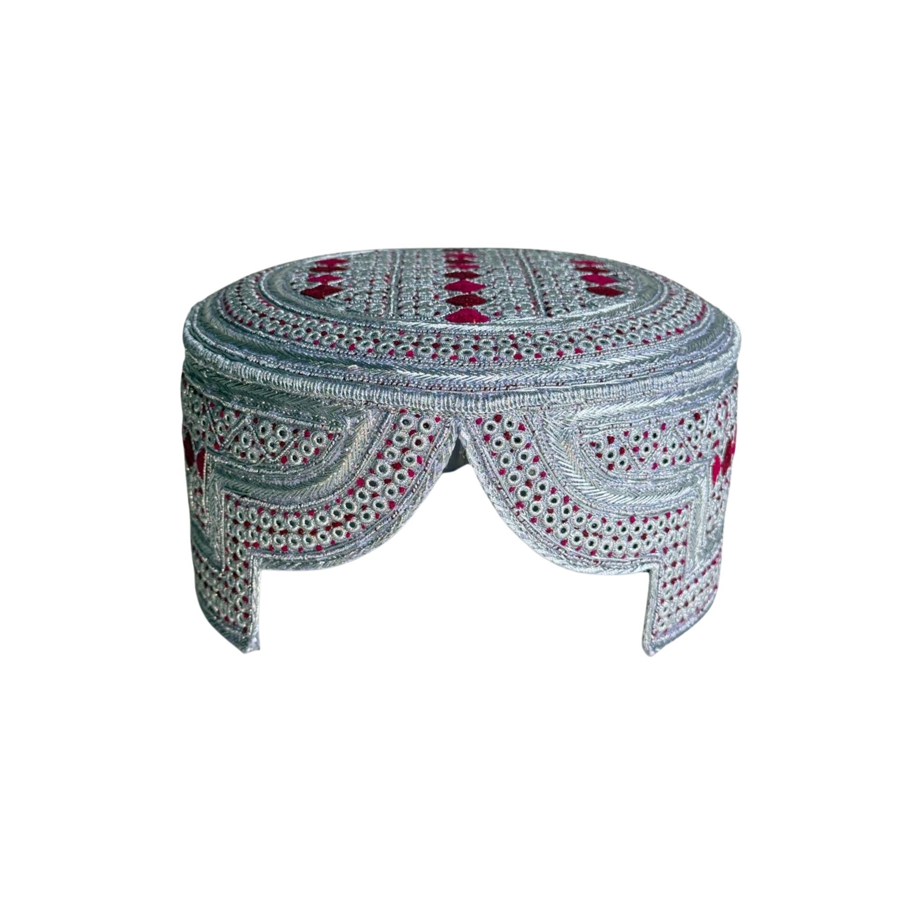 White Sindhi Topi - Pink Stitching - Maroon and Pink Tikki - Raja Cao