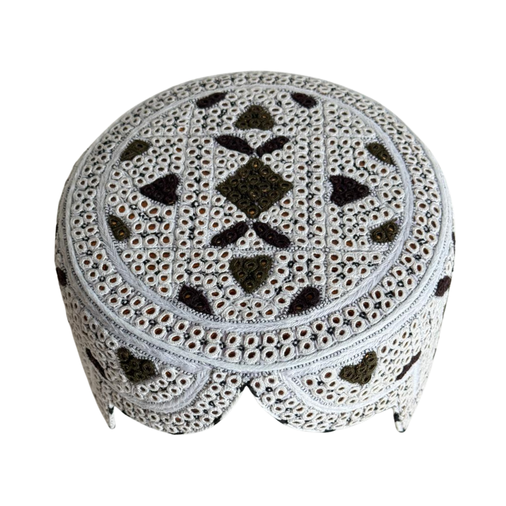 White Sindhi Topi - Heart Design - Golden Shade - Nasir Bhai