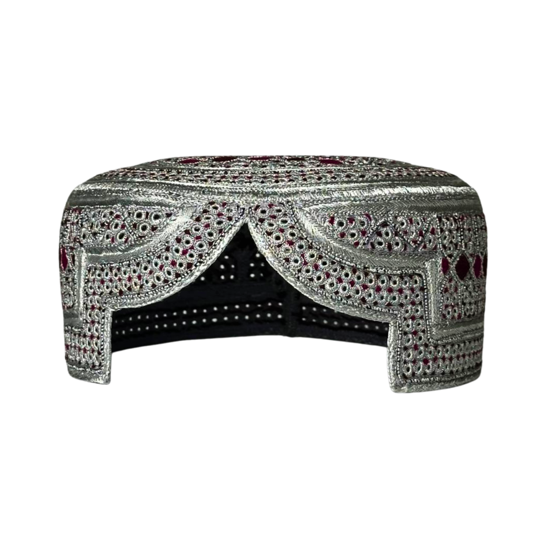 White Sindhi Topi -  Pink Stitching - Pink And Maroon Tikki - Raja Cap