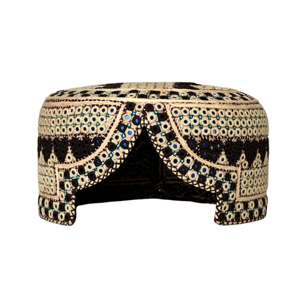 White Sindhi Topi - Heart Design - Blue Shade - Nasir Bhai