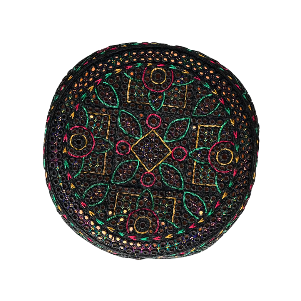 Black Sindhi Topi - Flower Design - White Shade -  Nasir Bhai