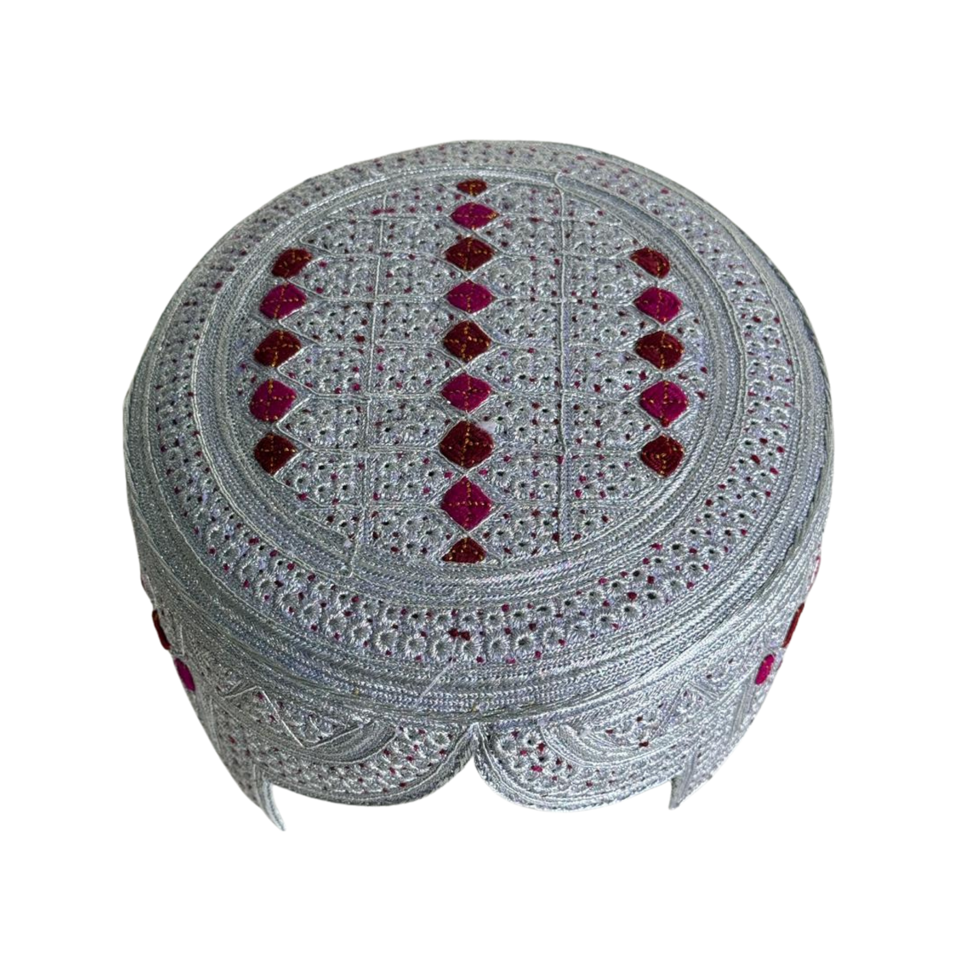 White Sindhi Topi - Pink Stitching - Maroon and Pink Tikki - Raja Cap