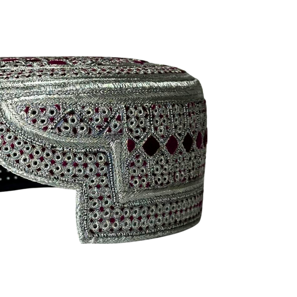 White Sindhi Topi -  Pink Stitching - Pink And Maroon Tikki - Raja Cap