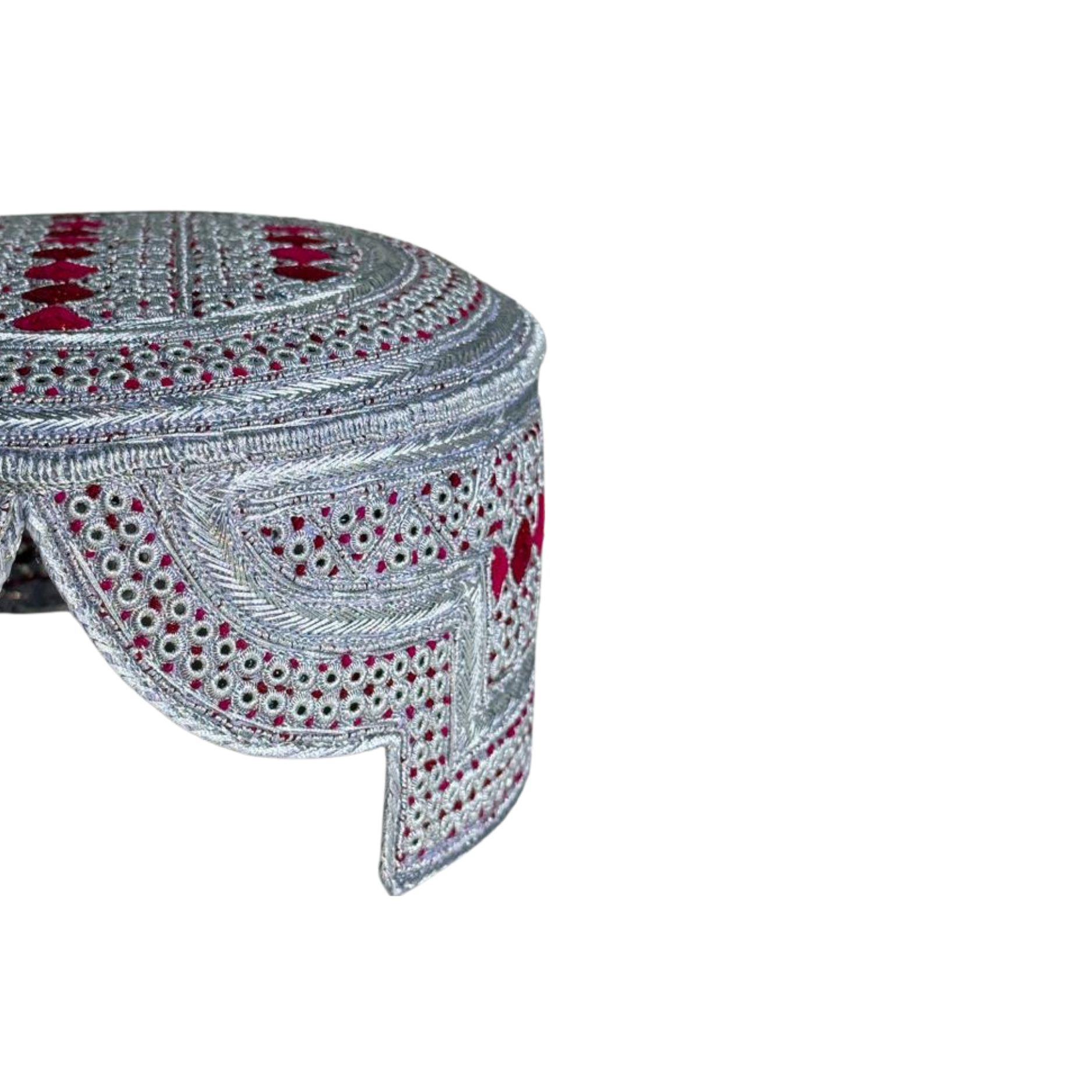 White Sindhi Topi - Pink Stitching - Maroon and Pink Tikki - Raja Cao