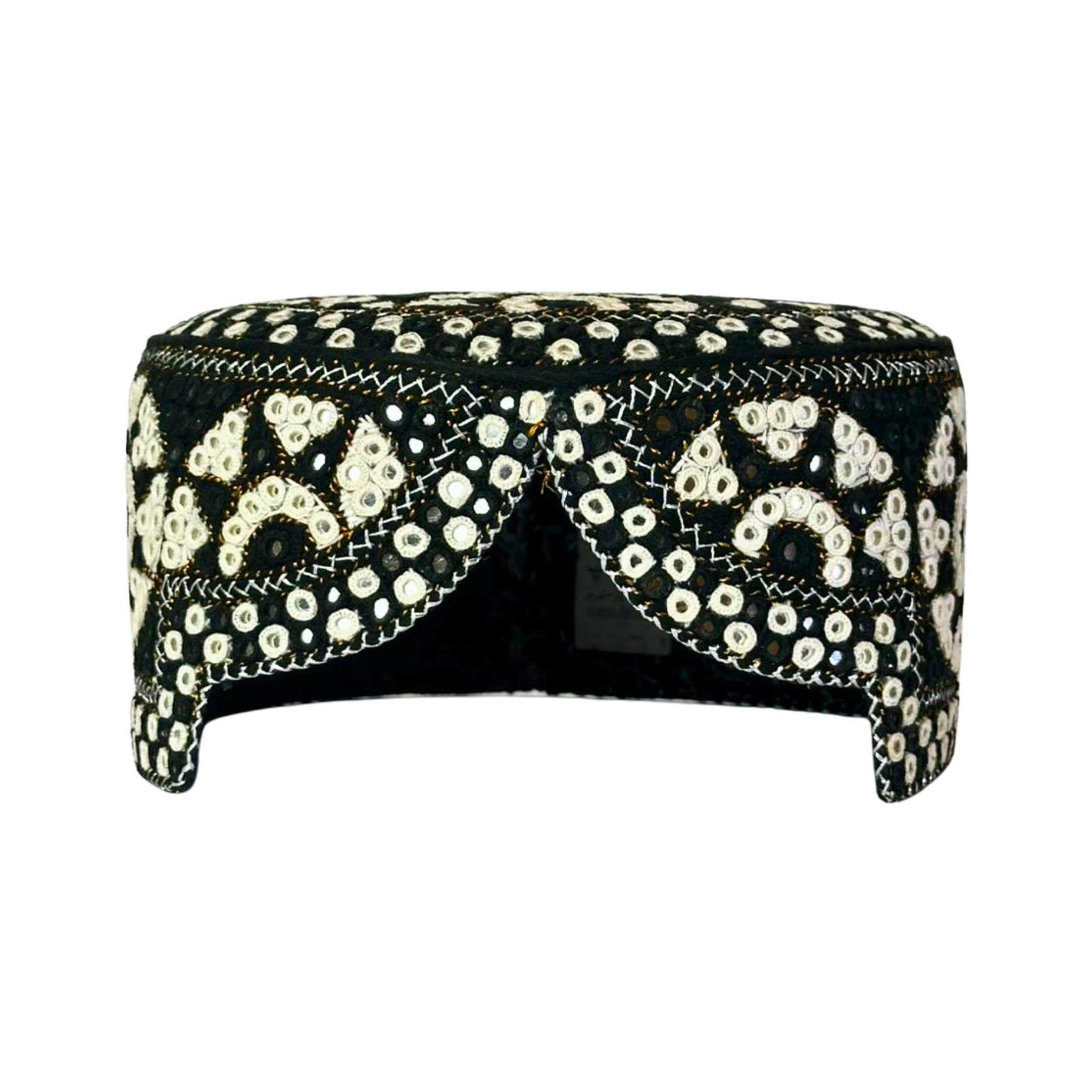 Black Sindhi Topi - Flower Design - White Shade - Nasir Bhai