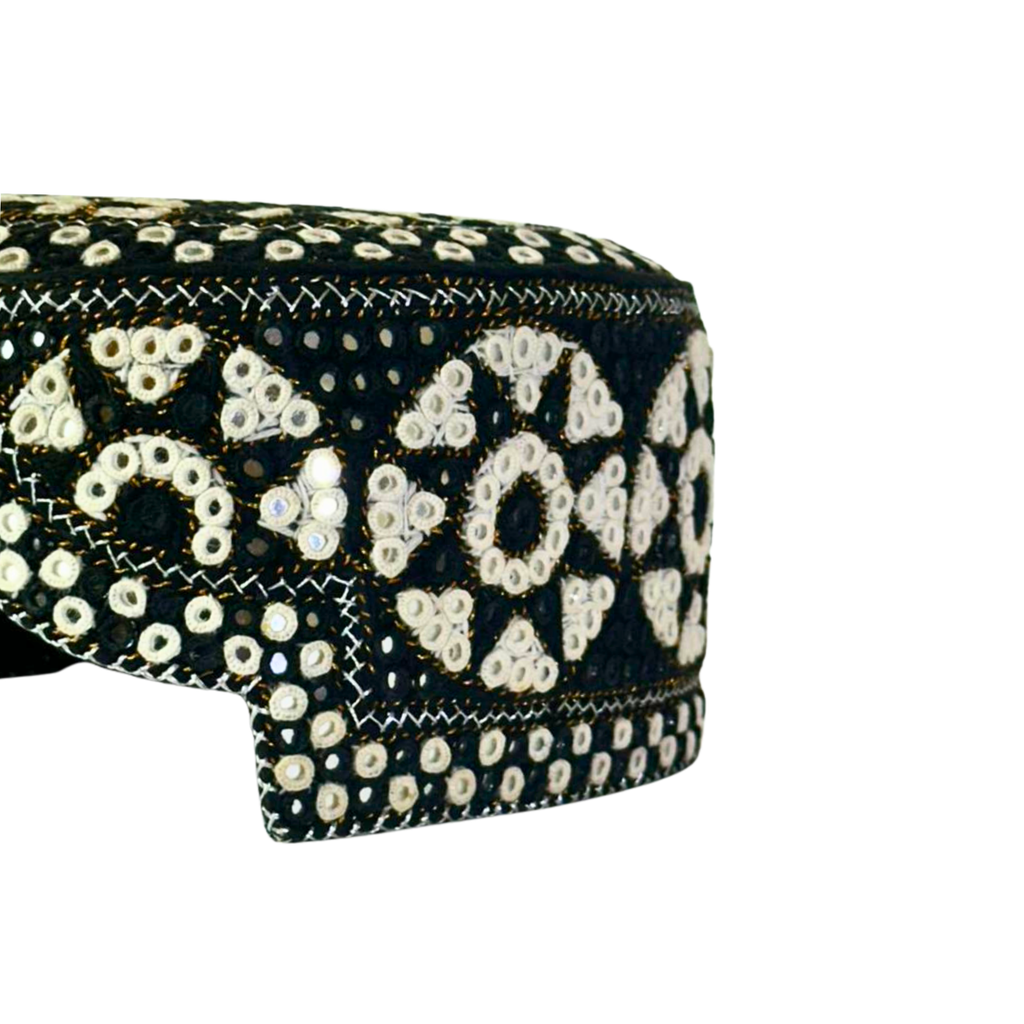 Black Sindhi Topi - Flower Design - White Shade - Nasir Bhai