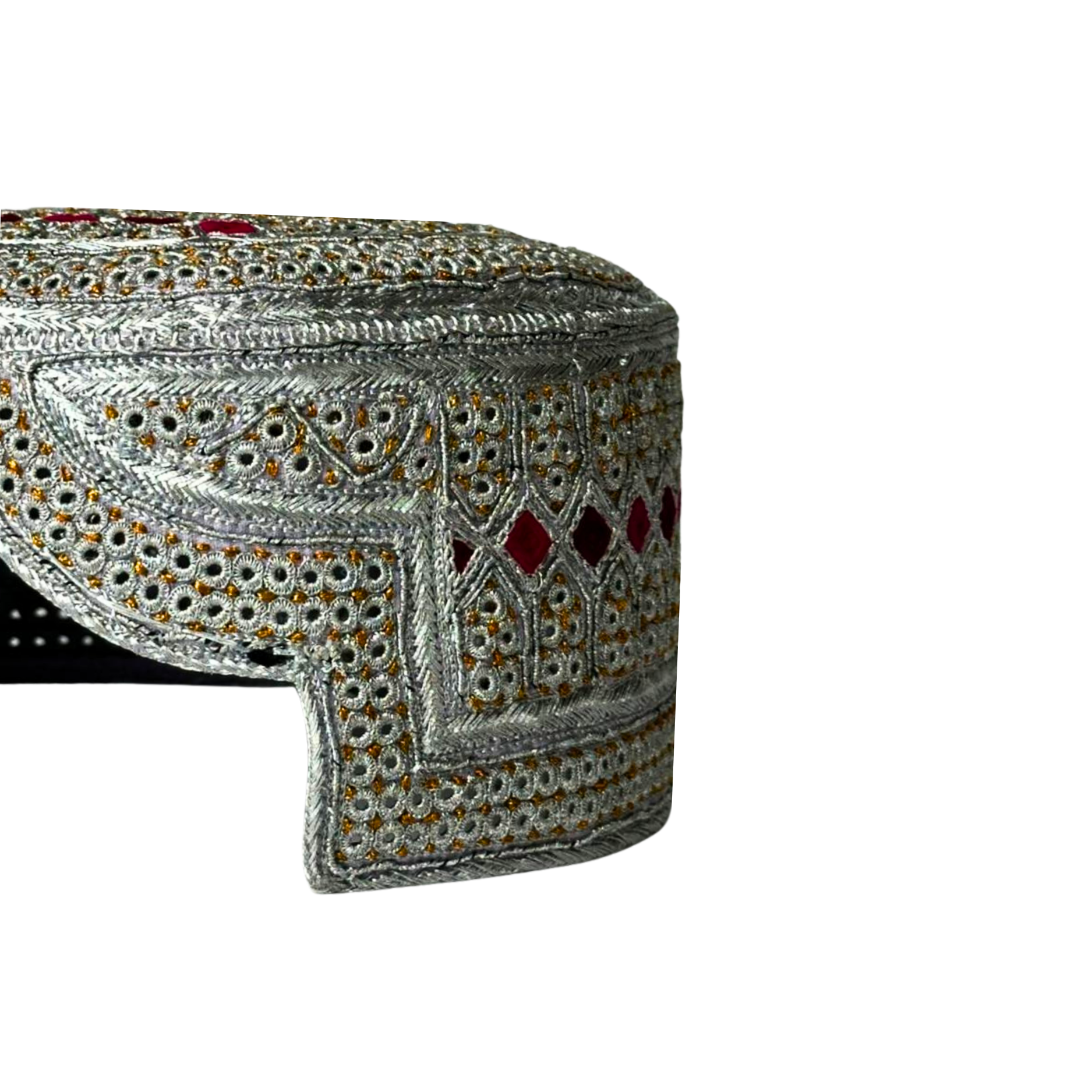 White Sindhi Topi - Pink Stitching - Pink And Maroon Tikki - Raja Cap
