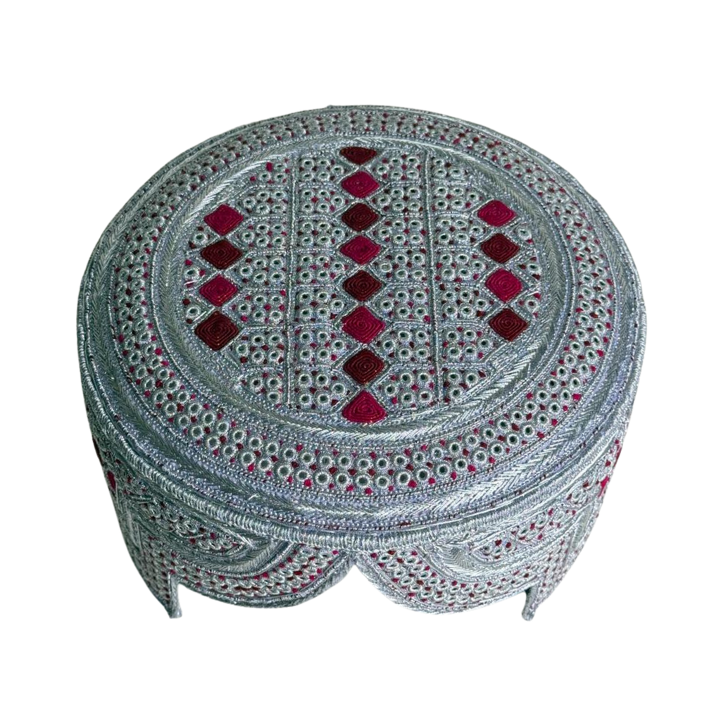 White Sindhi Topi - Pink Stitching - Maroon and Pink Tikki - Raja Cao