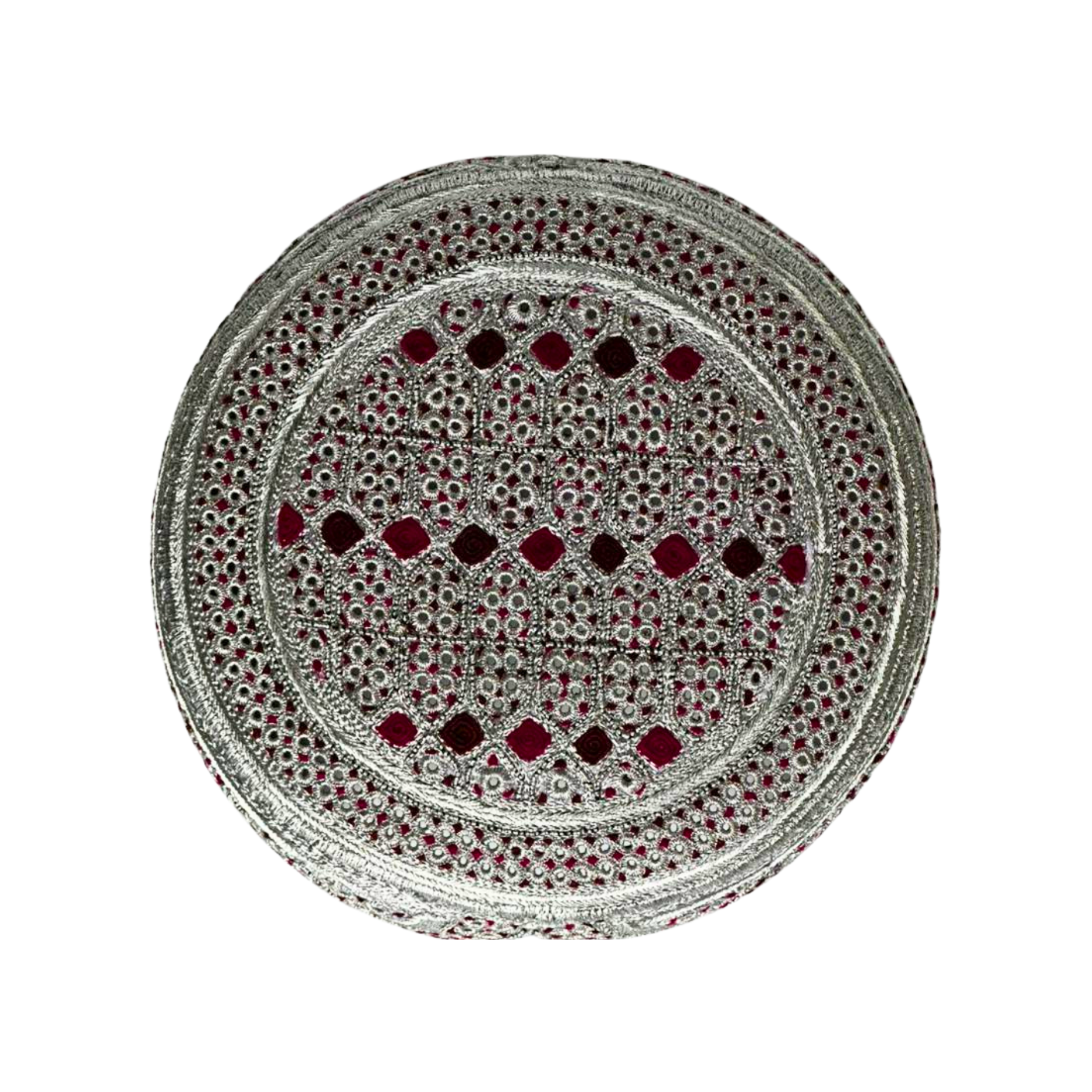 White Sindhi Topi -  Pink Stitching - Pink And Maroon Tikki - Raja Cap