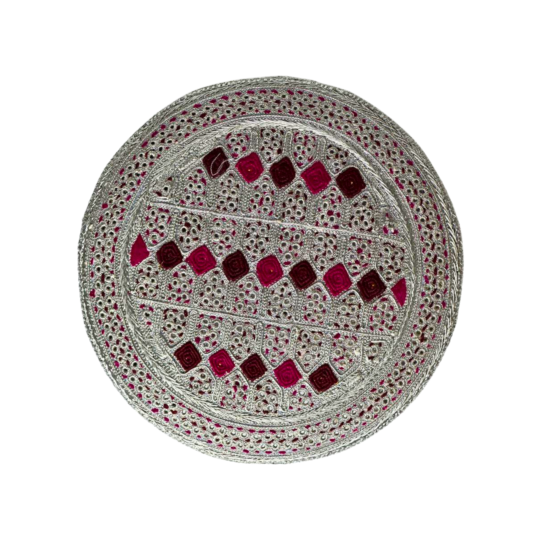White Sindhi Topi - Pink Stitching - Pink And Maroon Tikki - Raja Cap