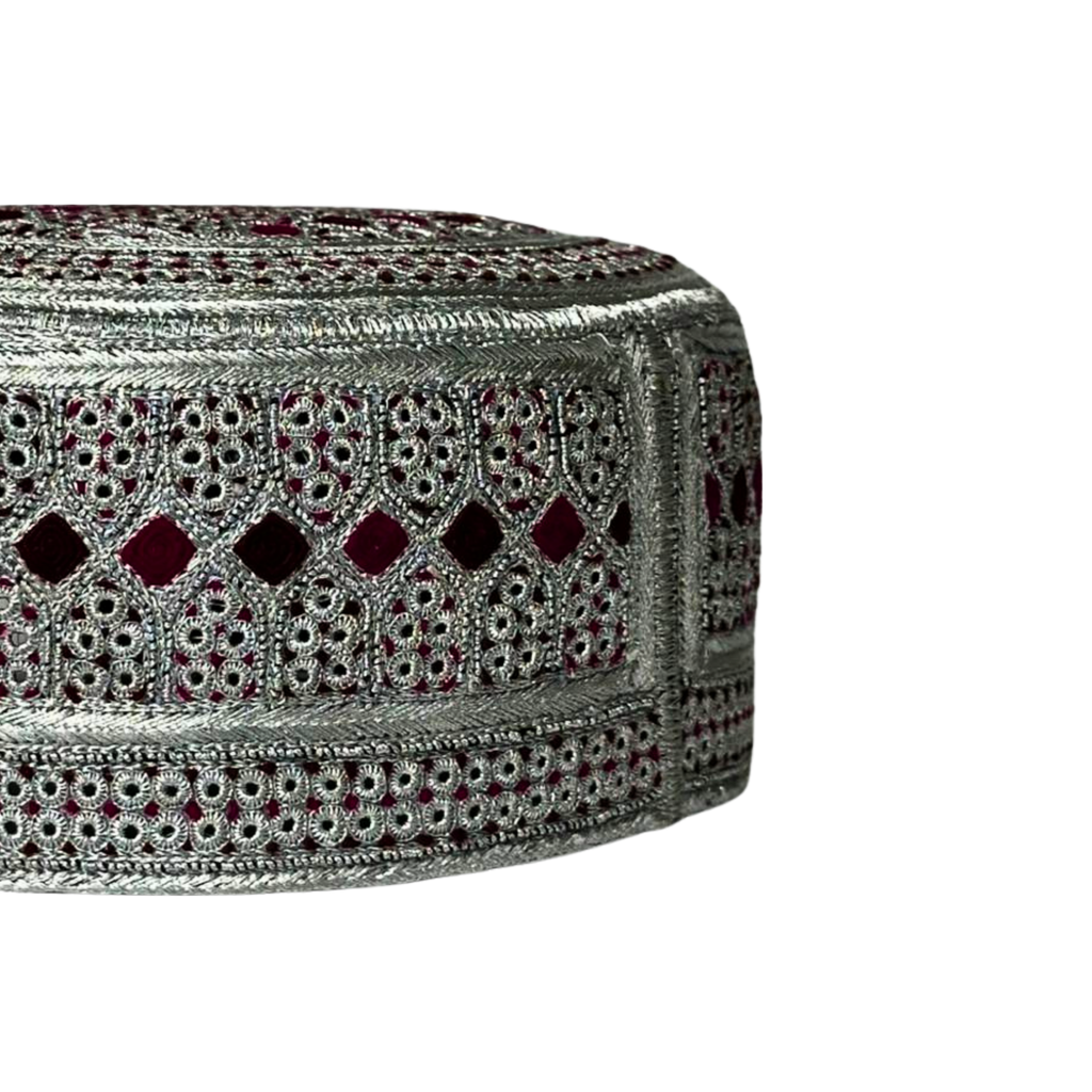 White Sindhi Topi -  Pink Stitching - Pink And Maroon Tikki - Raja Cap