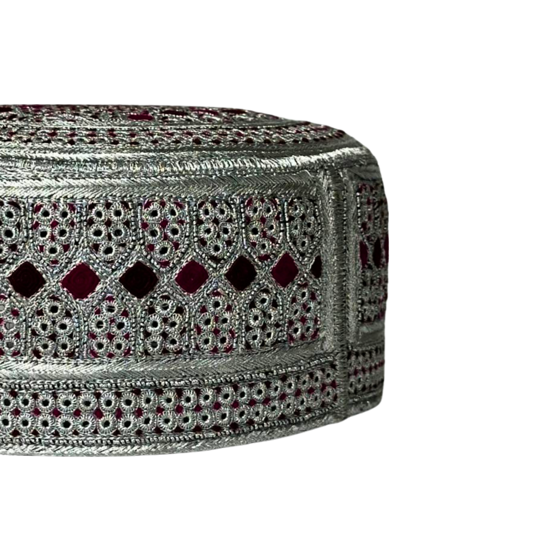 White Sindhi Topi -  Pink Stitching - Pink And Maroon Tikki - Raja Cap
