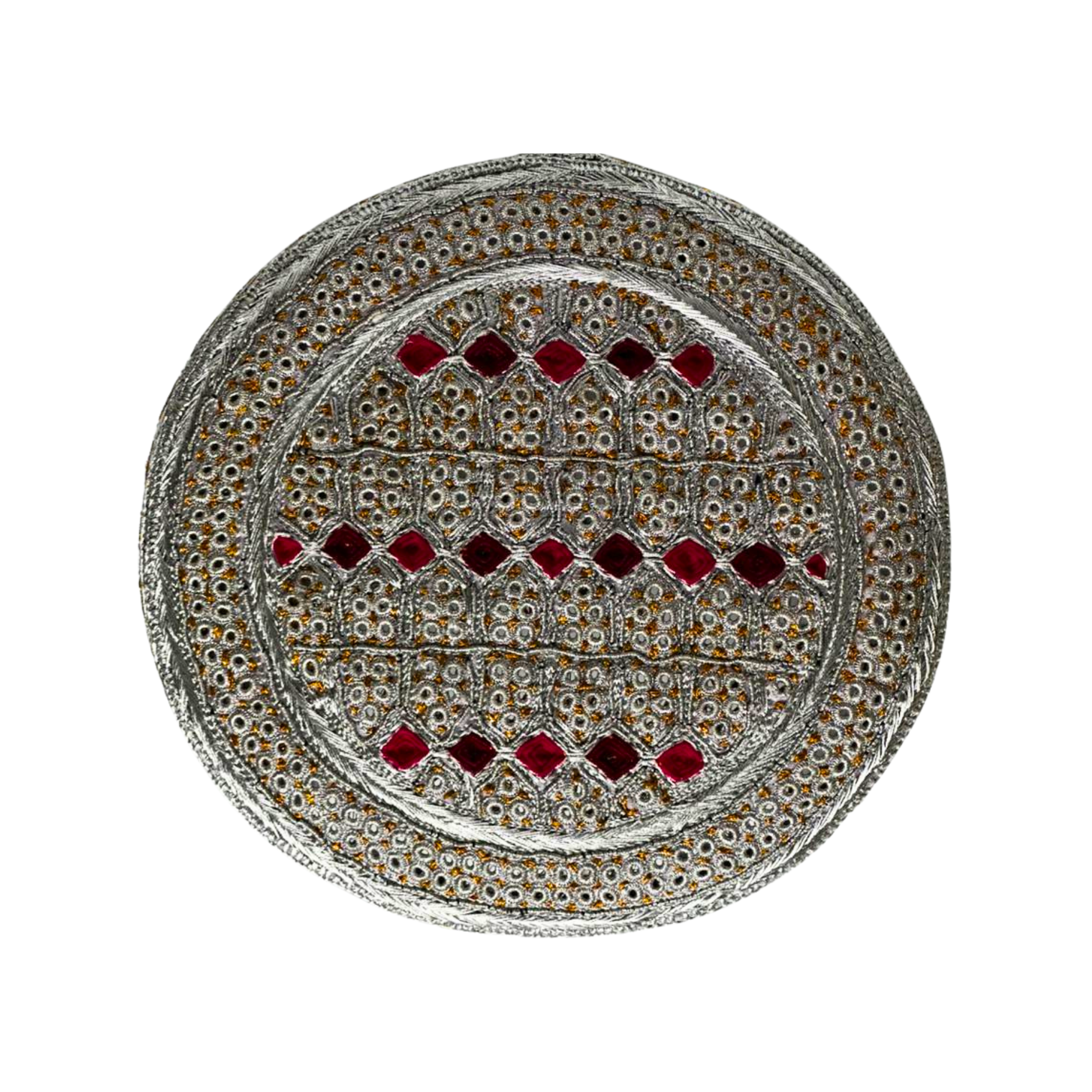 White Sindhi Topi - Pink Stitching - Pink And Maroon Tikki - Raja Cap
