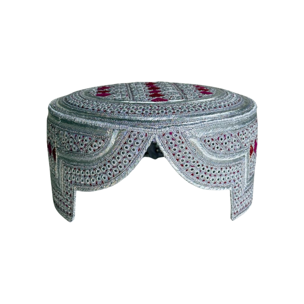 White Sindhi Topi - Pink Stitching - Maroon and Pink Tikki - Raja Cap
