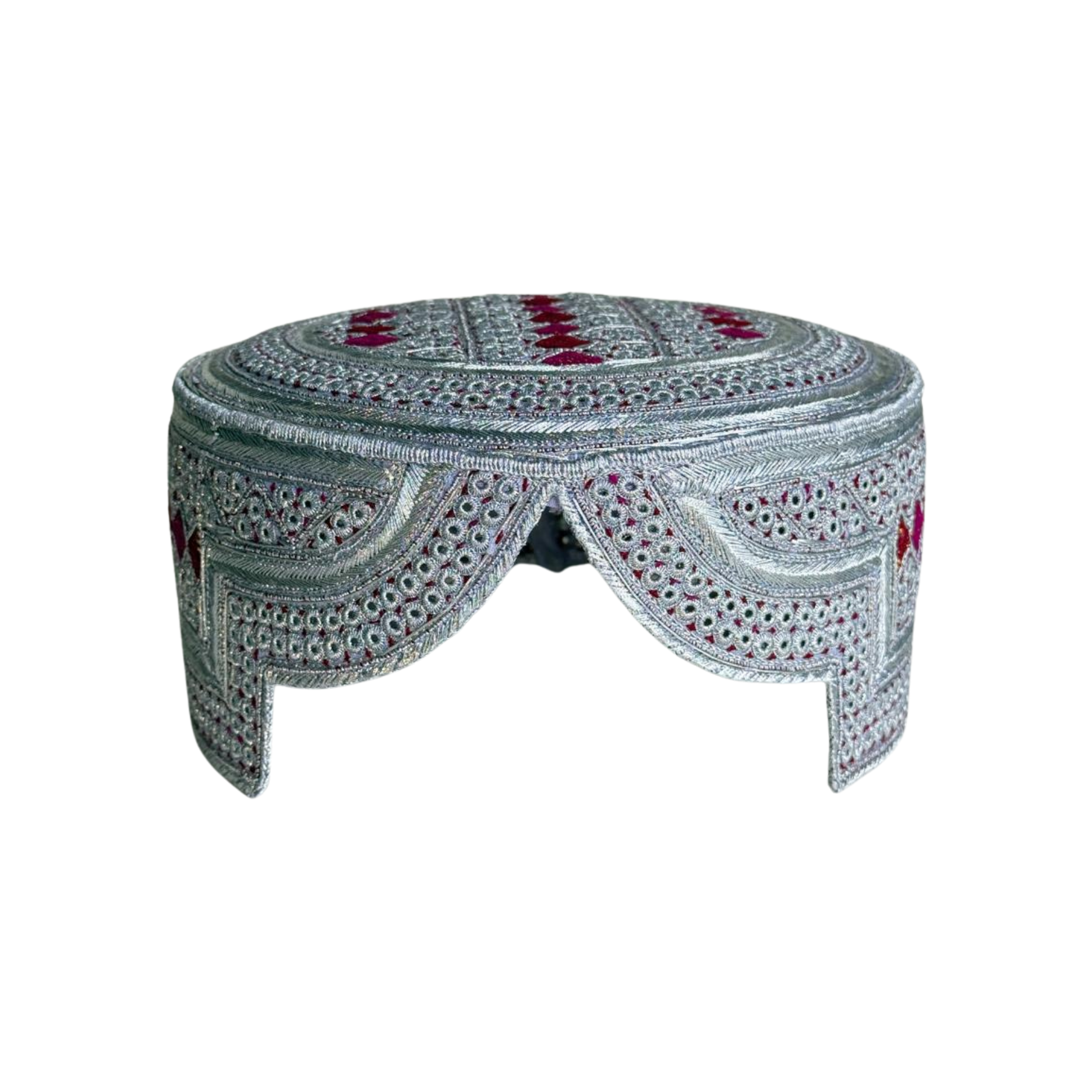 White Sindhi Topi - Pink Stitching - Maroon and Pink Tikki - Raja Cap