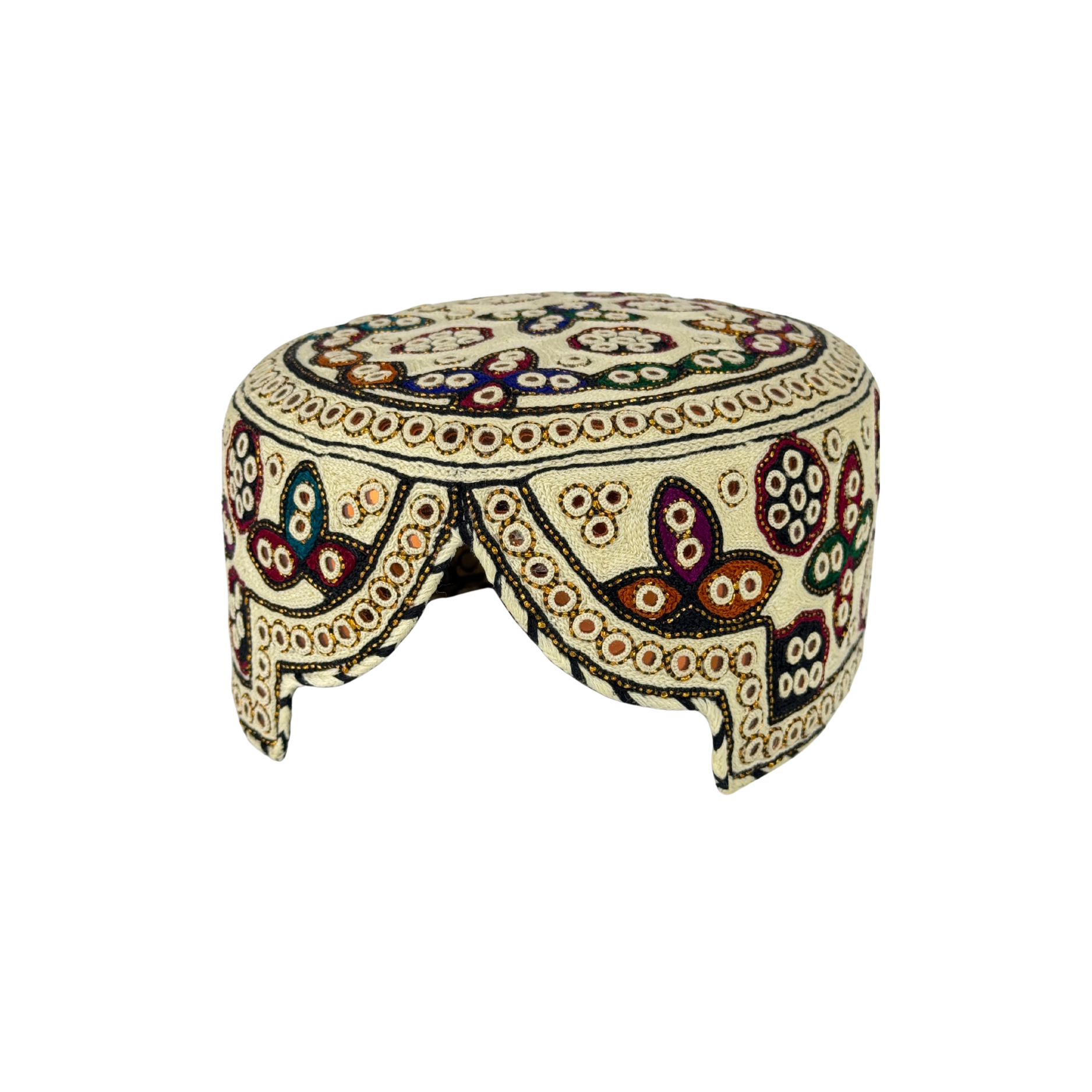 White Balochi Topi - Flower Design - Golden Shade  - Nasir Bhai