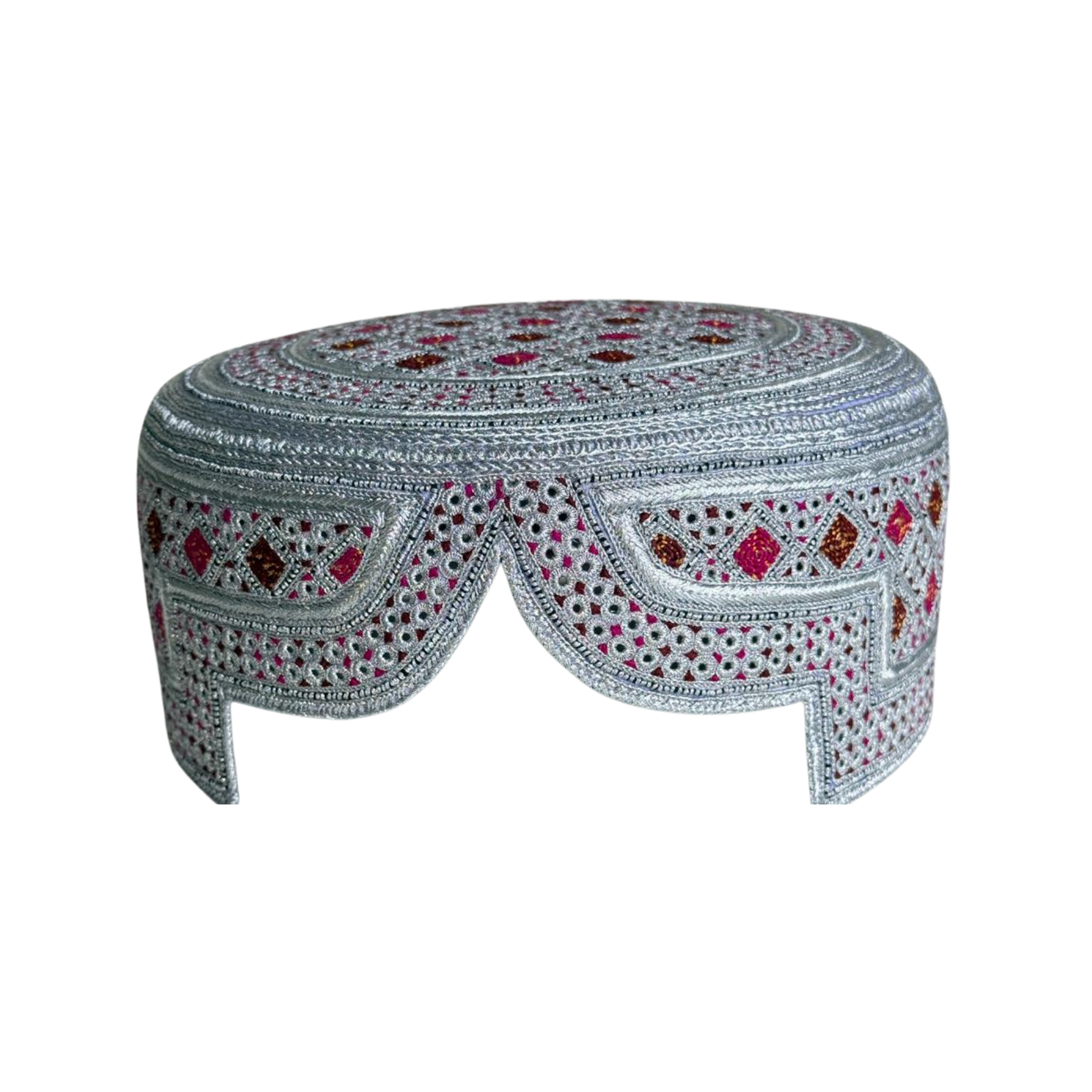 White Sindhi Topi - Pink Stitching - Brown and Pink Tikki -  Raja Cap