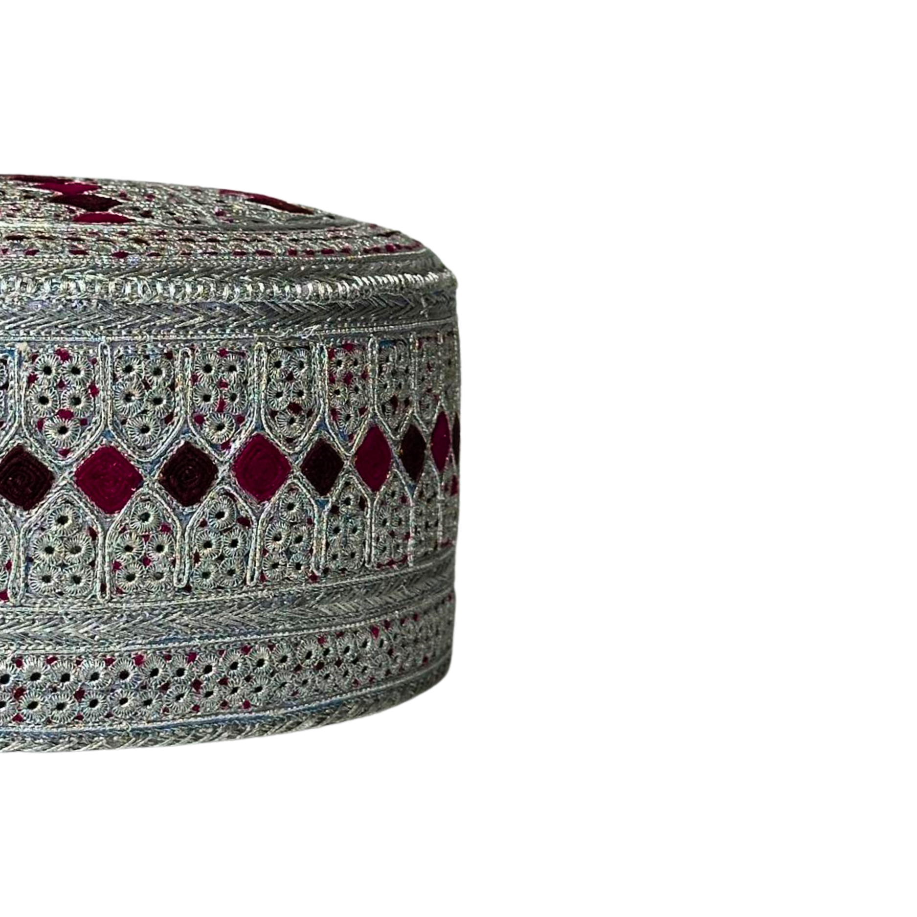 White Sindhi Topi - Pink Stitching - Pink And Maroon Tikki - Raja Cap