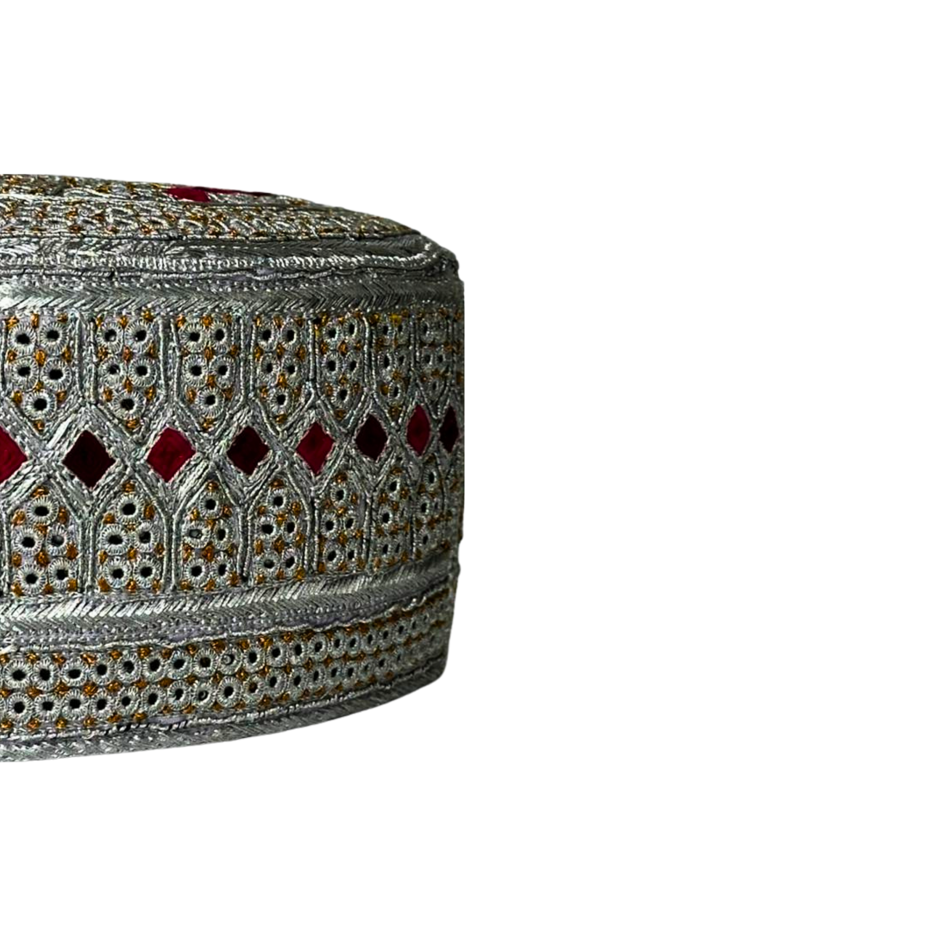 White Sindhi Topi - Pink Stitching - Pink And Maroon Tikki - Raja Cap